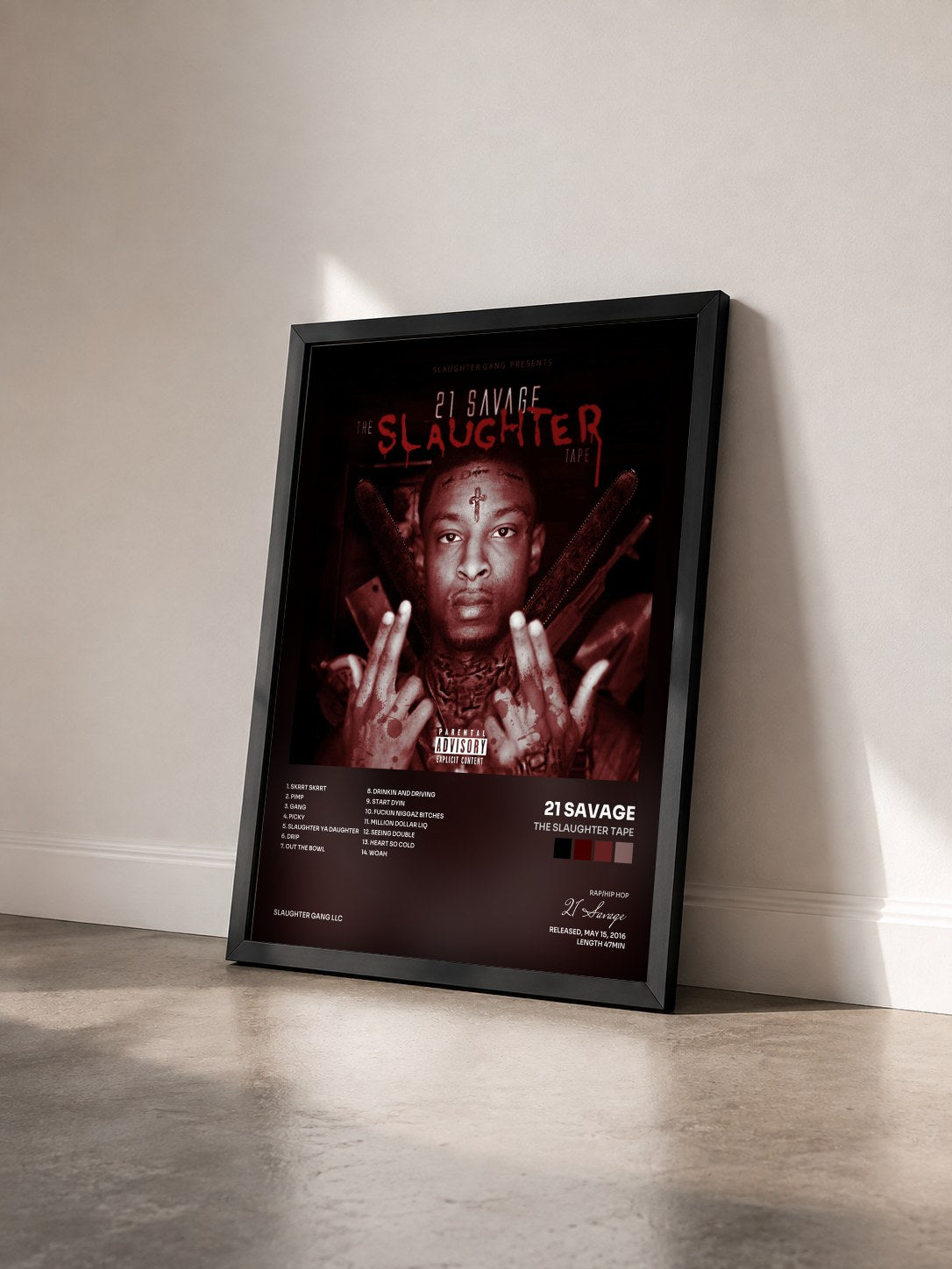 #noir The Slaughter Tape by 21 Savage as a framed art print seen at an angle, black frame