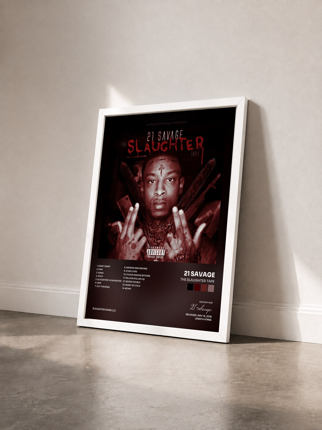 #blanc The Slaughter Tape by 21 Savage as a framed art print seen at an angle, white frame