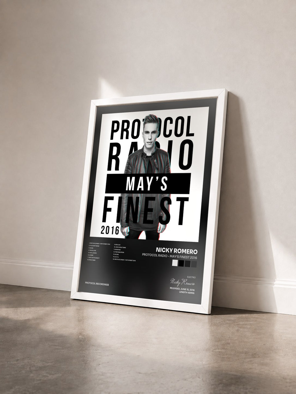 #blanc Protocol Radio - May's Finest 2016 von Nicky Romero als gerahmter Kunstdruck von schräg gesehen, weißer Rahmen
