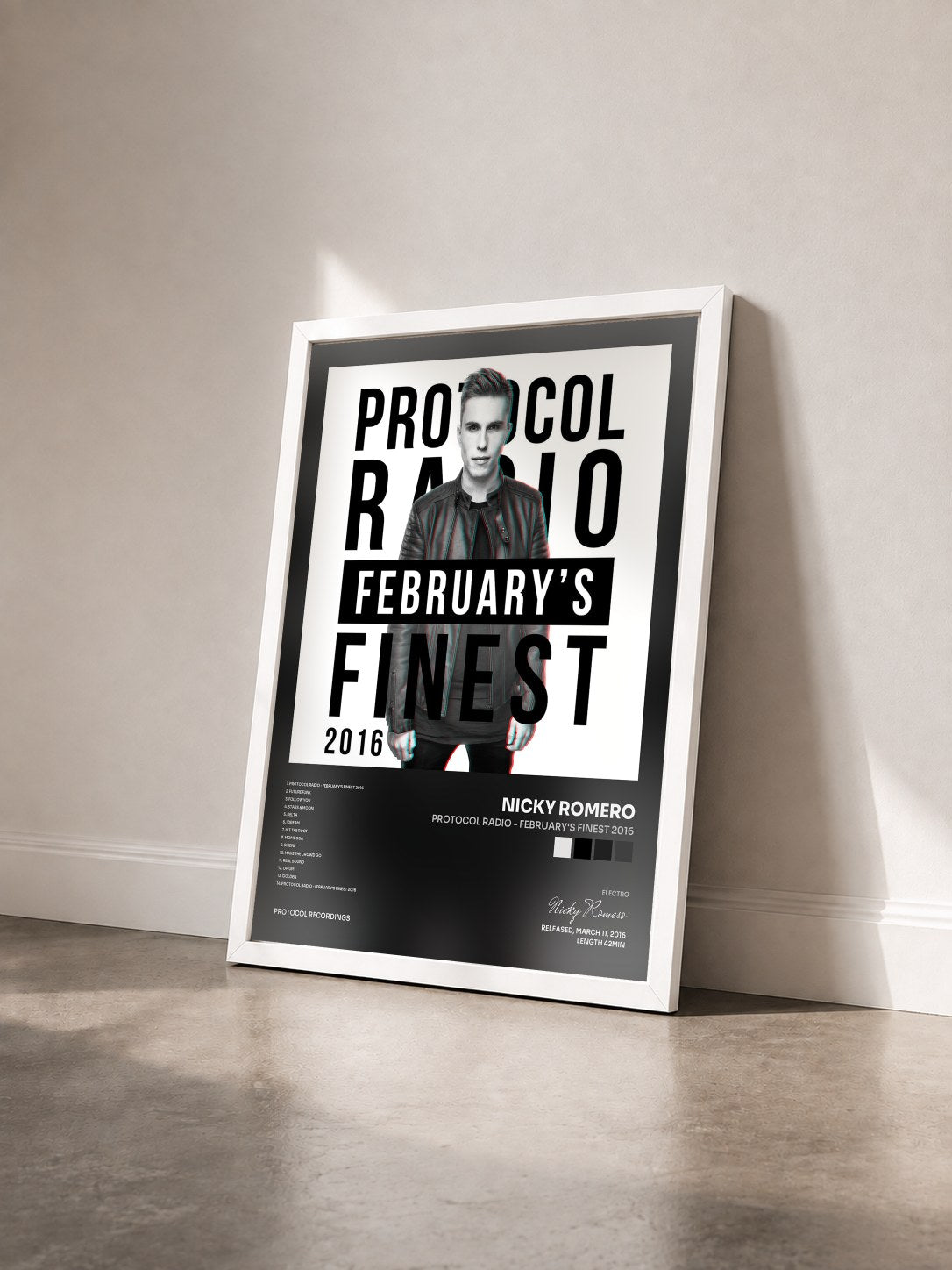 #blanc Tableau de l'album Protocol Radio - February's Finest 2016 de Nicky Romero vu de trois quarts, cadre blanc
