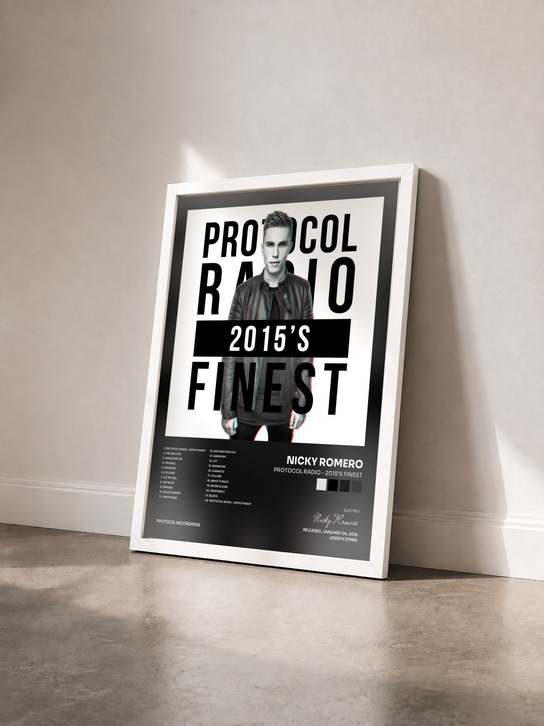 #blanc Protocol Radio - 2015's Finest von Nicky Romero als gerahmter Kunstdruck von schräg gesehen, weißer Rahmen