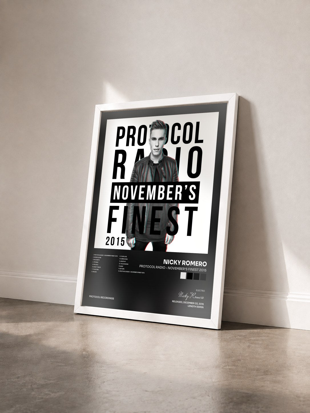 #blanc Protocol Radio - November's Finest 2015 von Nicky Romero als gerahmter Kunstdruck von schräg gesehen, weißer Rahmen