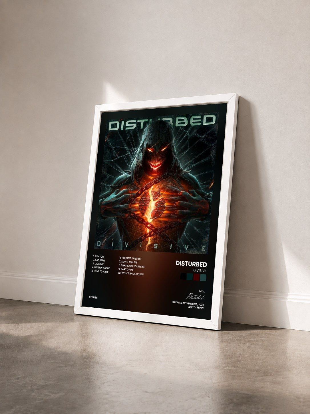 #blanc Divisive by Disturbed as a framed art print seen at an angle, white frame