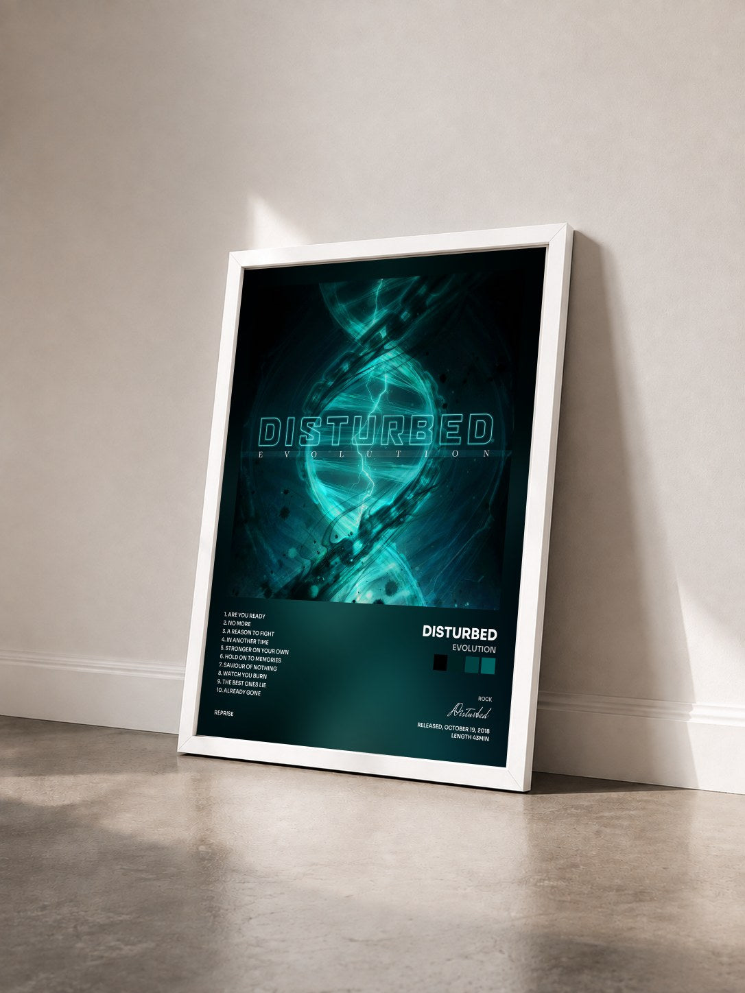 #blanc Evolution by Disturbed as a framed art print seen at an angle, white frame