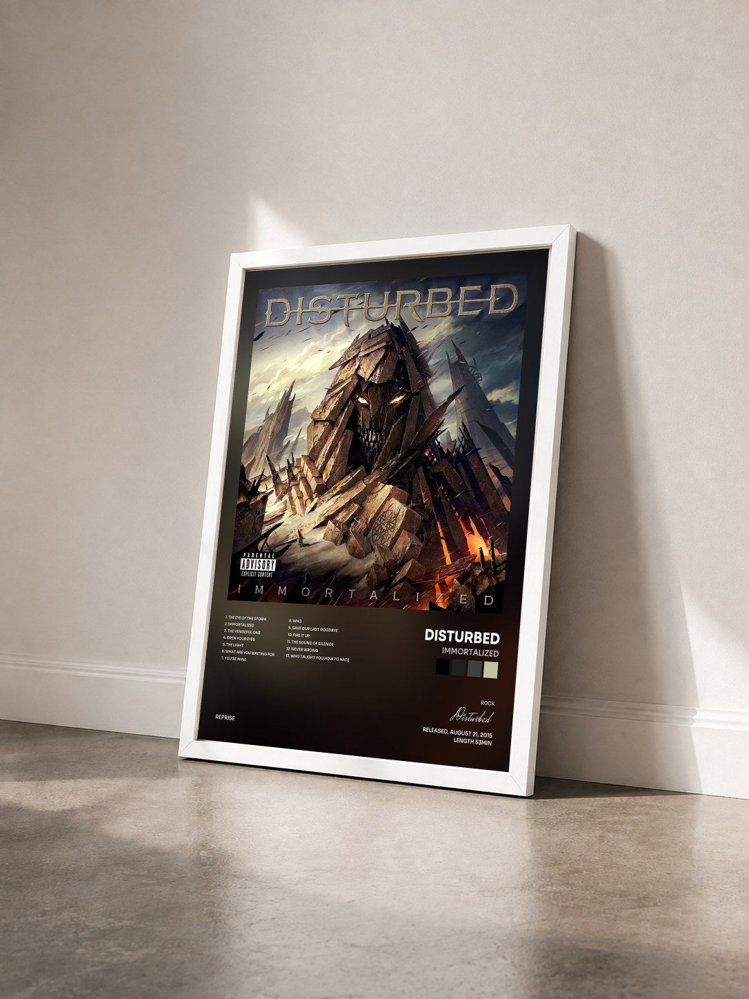 #blanc Immortalized by Disturbed as a framed art print seen at an angle, white frame