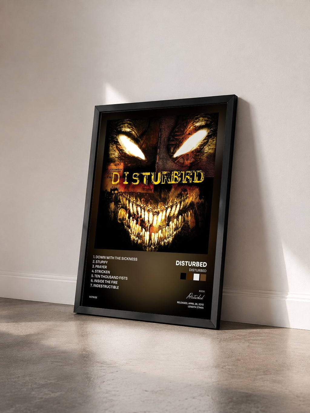 #noir Disturbed by Disturbed as a framed art print seen at an angle, black frame