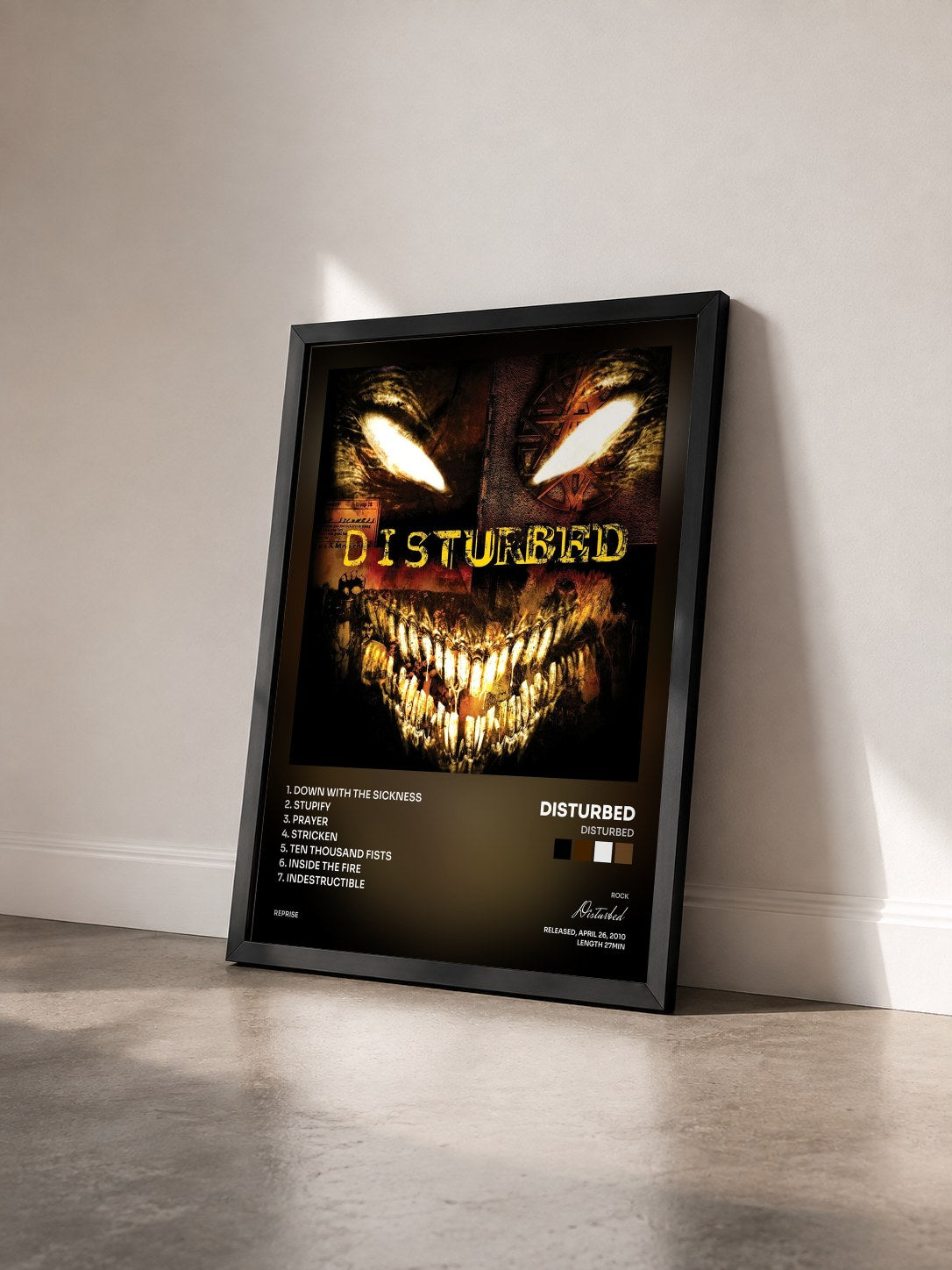 #noir Disturbed by Disturbed as a framed art print seen at an angle, black frame