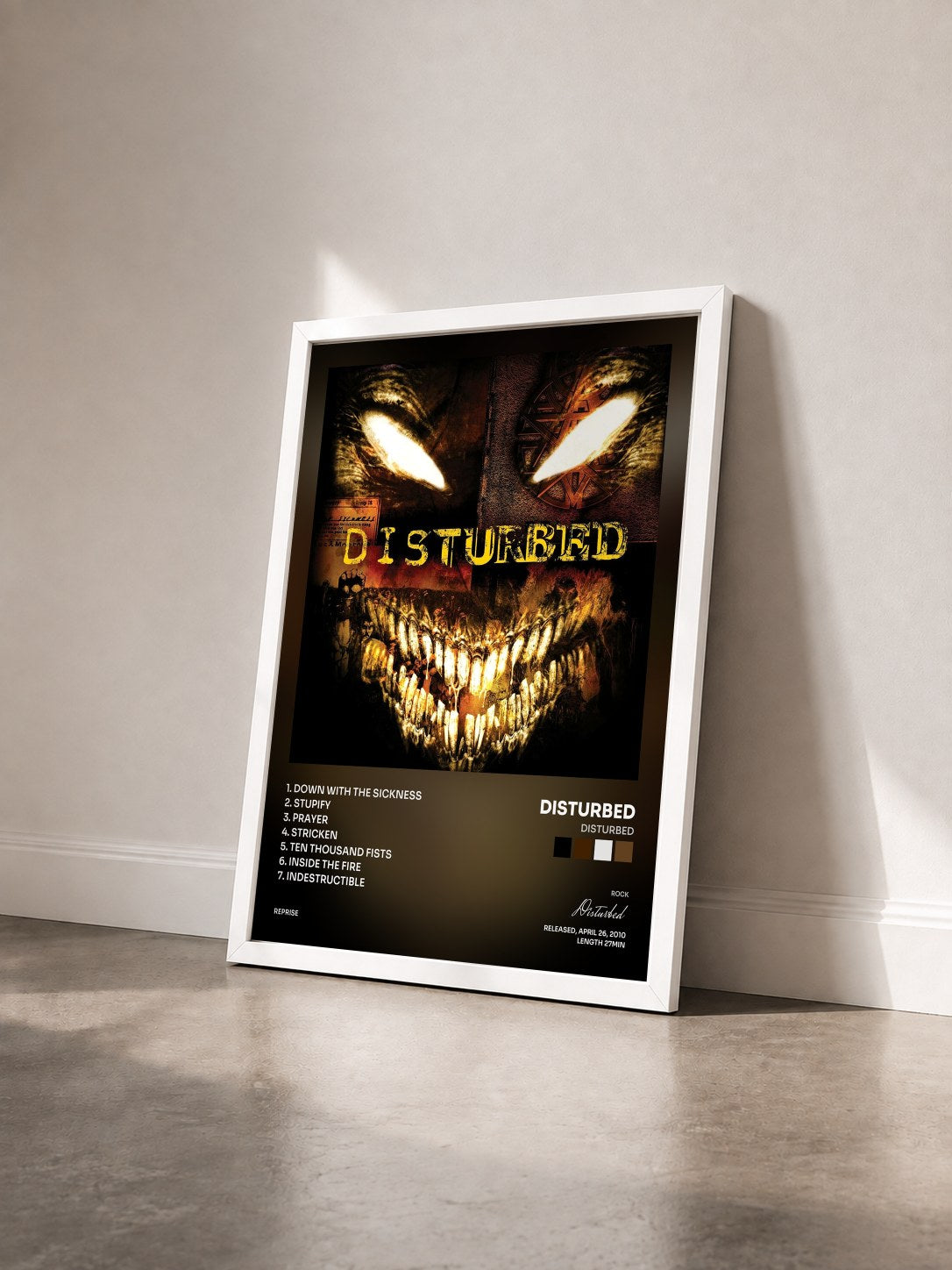 #blanc Disturbed by Disturbed as a framed art print seen at an angle, white frame