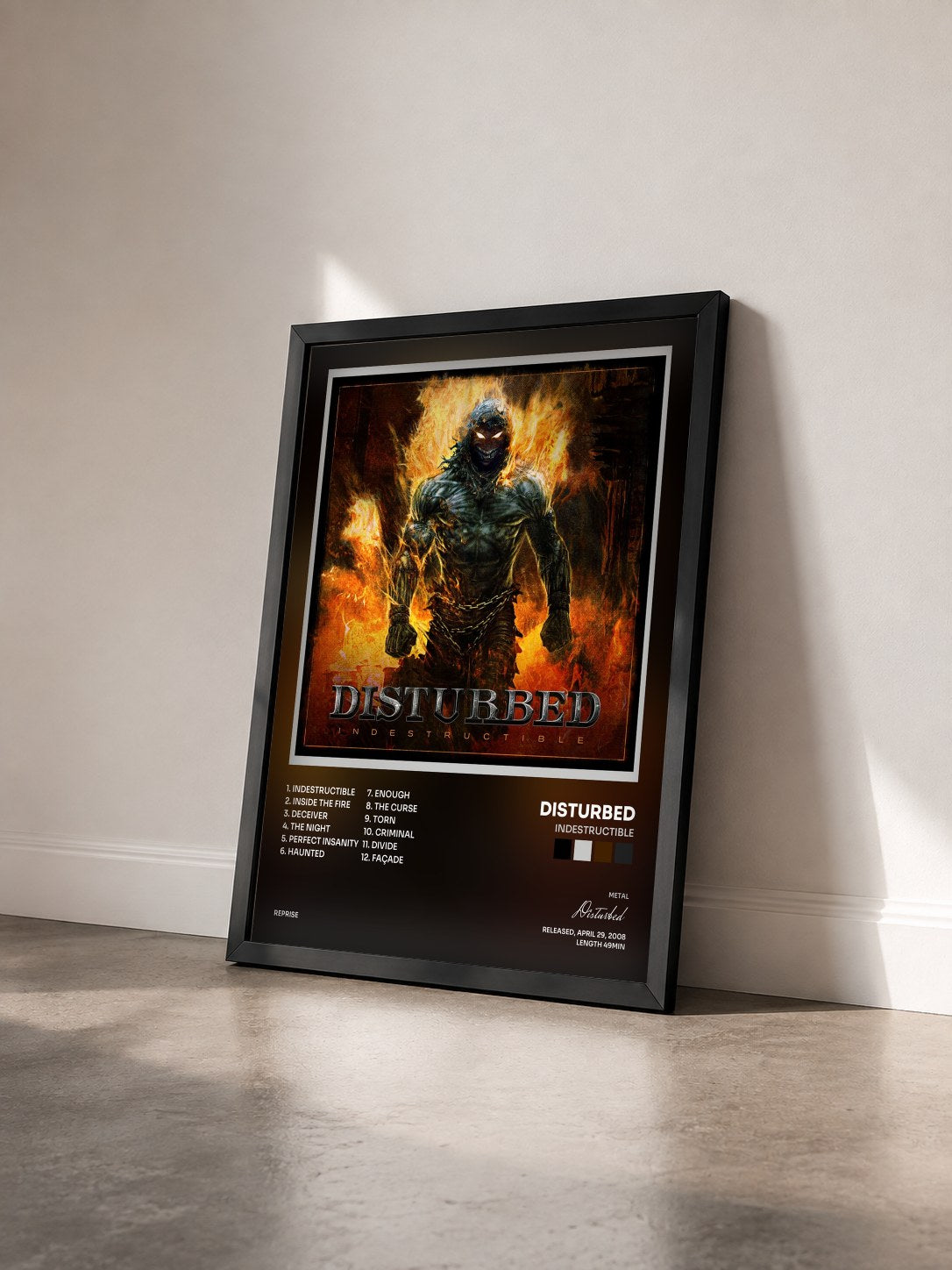 #noir Indestructible by Disturbed as a framed art print seen at an angle, black frame