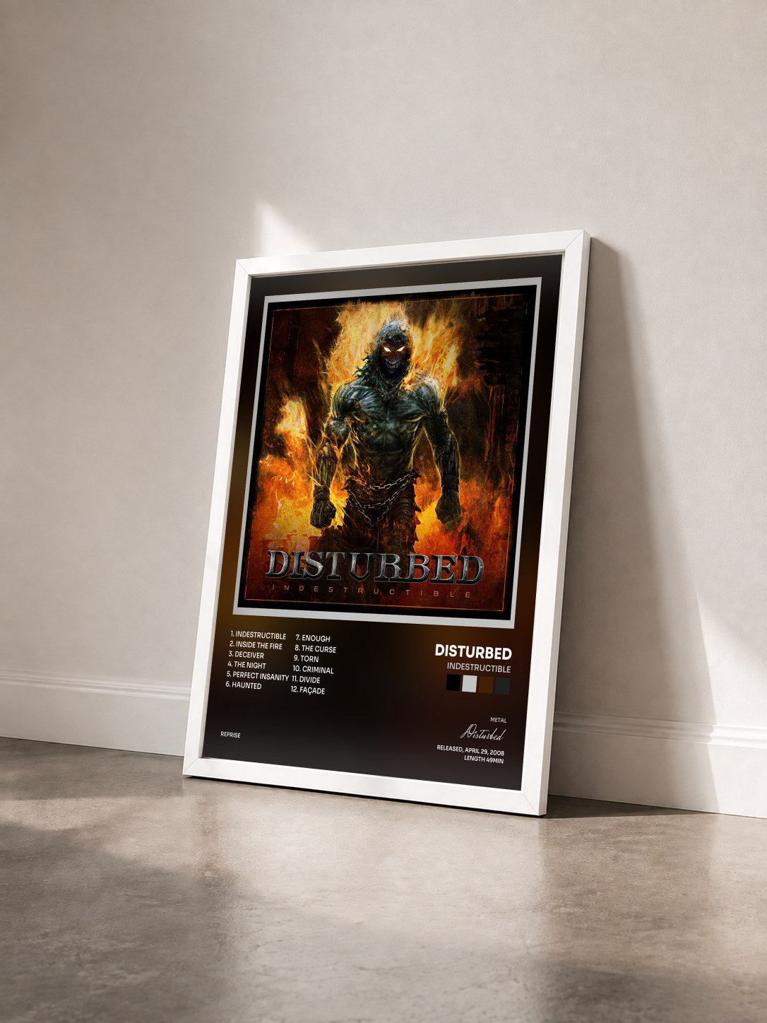 #blanc Indestructible by Disturbed as a framed art print seen at an angle, white frame
