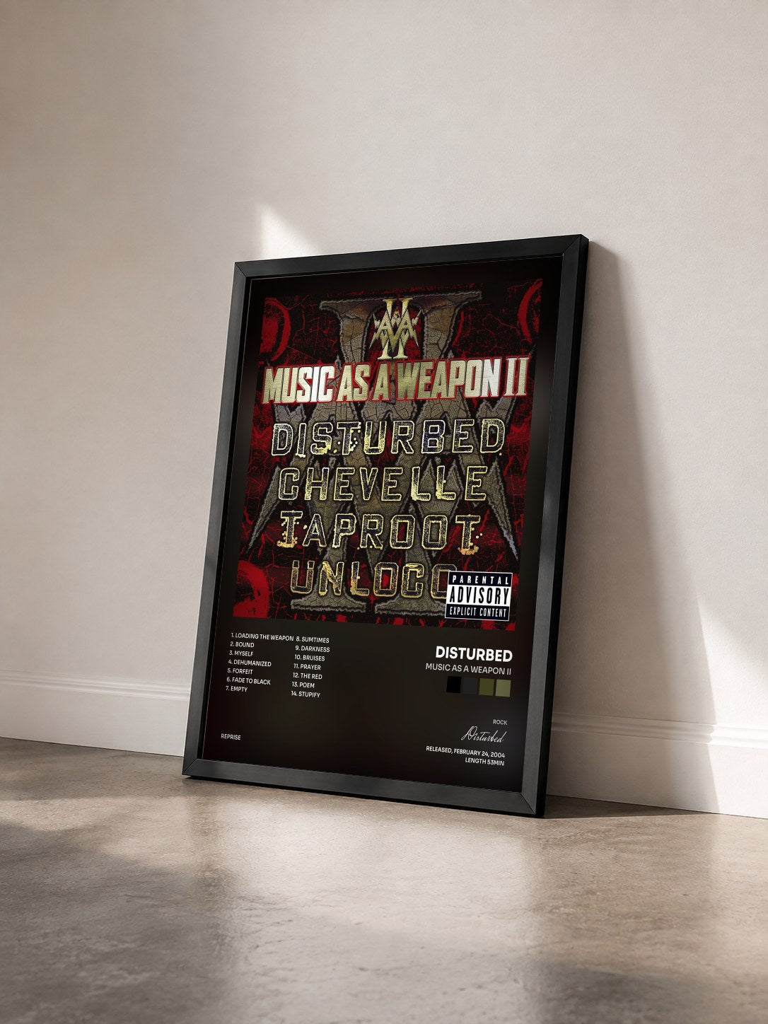 #noir Music as a Weapon II by Disturbed as a framed art print seen at an angle, black frame