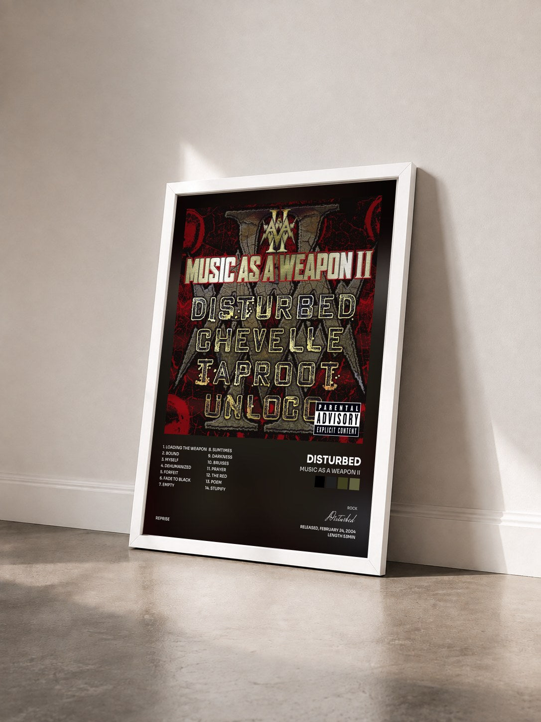 #blanc Music as a Weapon II by Disturbed as a framed art print seen at an angle, white frame