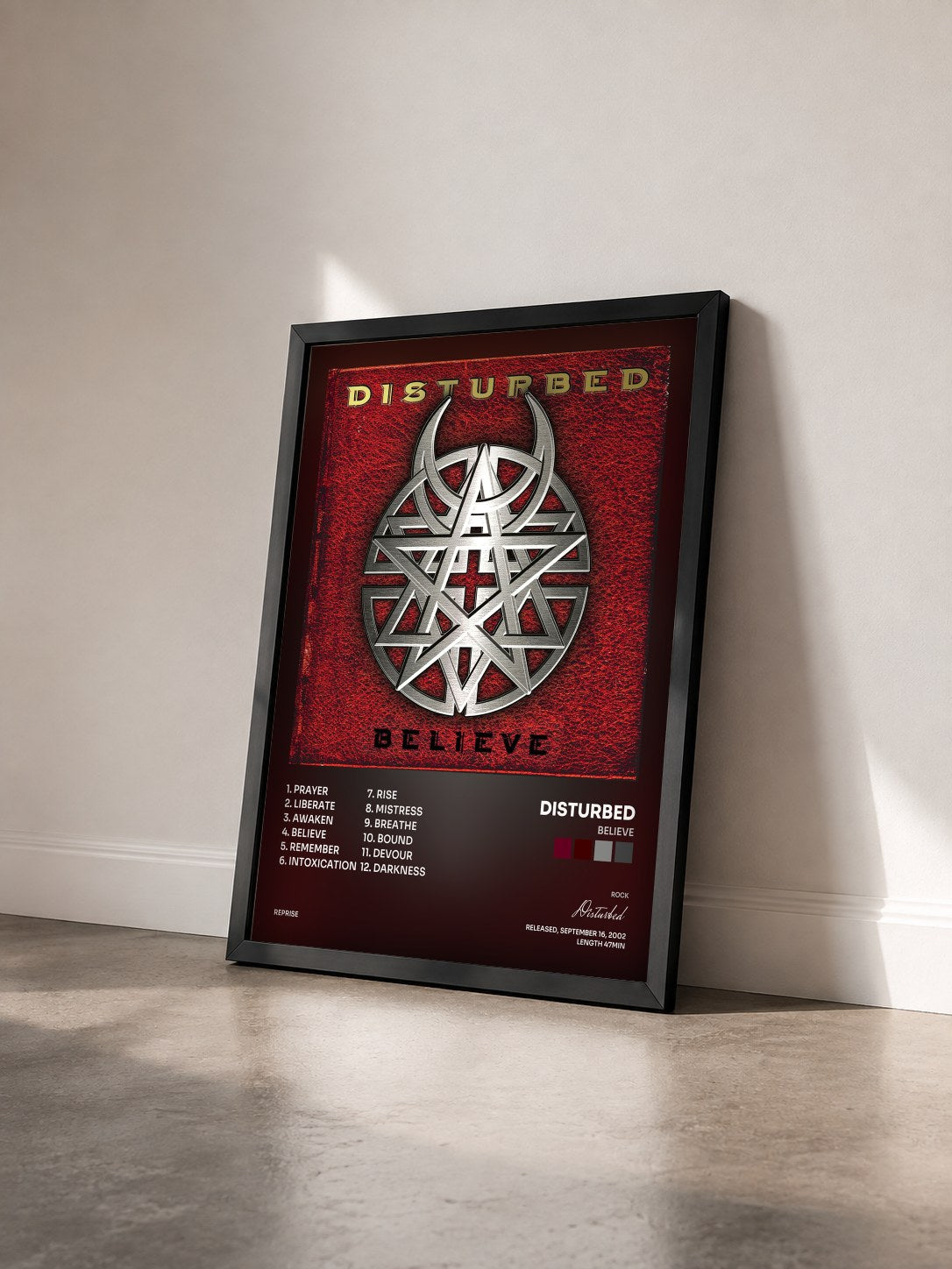 #noir Believe by Disturbed as a framed art print seen at an angle, black frame