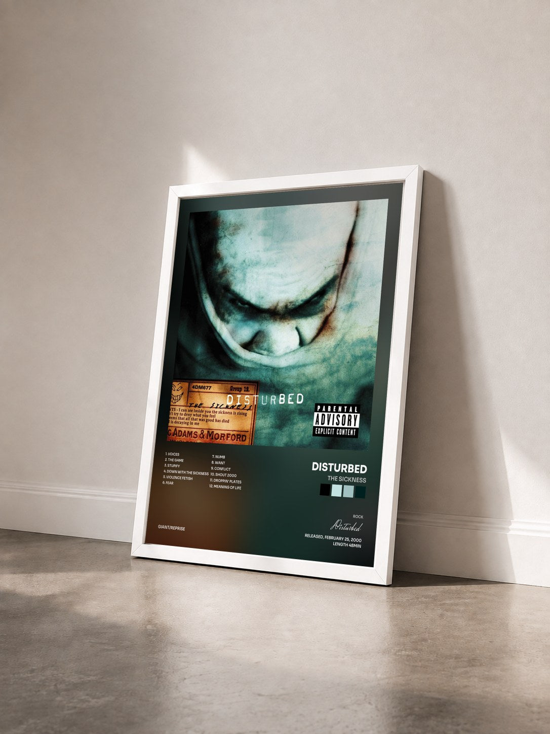 #blanc The Sickness by Disturbed as a framed art print seen at an angle, white frame
