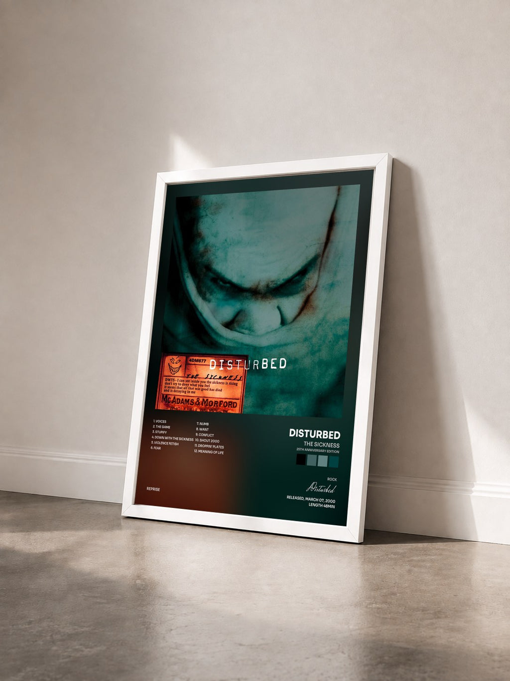 #blanc The Sickness (25th Anniversary Edition) by Disturbed as a framed art print seen at an angle, white frame