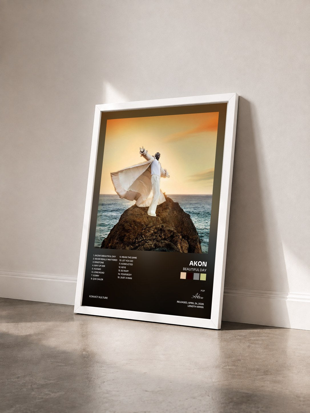 #blanc BEAUTIFUL DAY by Akon as a framed art print seen at an angle, white frame