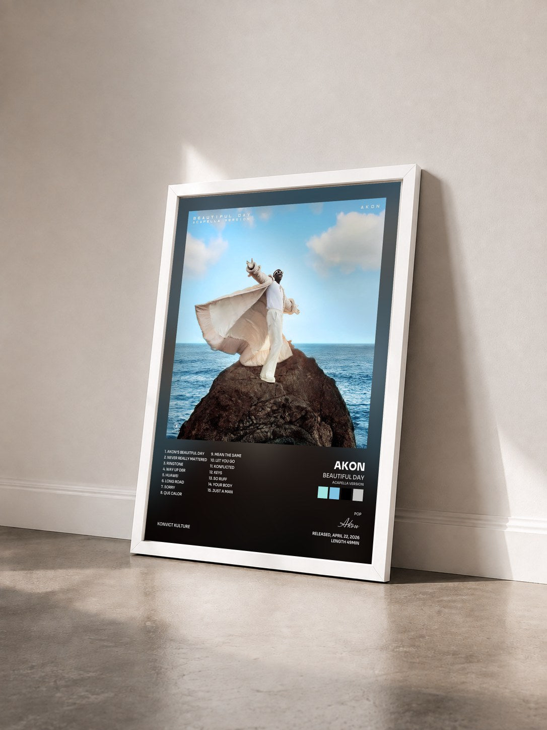 #blanc BEAUTIFUL DAY (ACAPELLA VERSION) by Akon as a framed art print seen at an angle, white frame