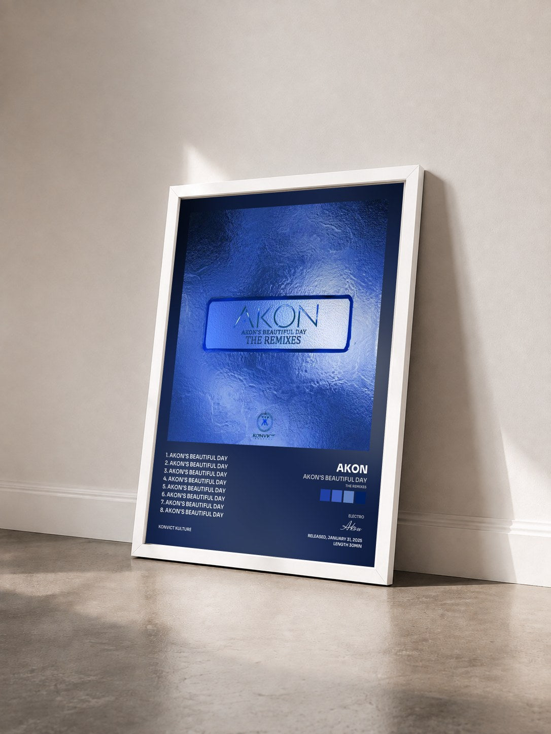 #blanc Akon's Beautiful Day (The Remixes) by Akon as a framed art print seen at an angle, white frame