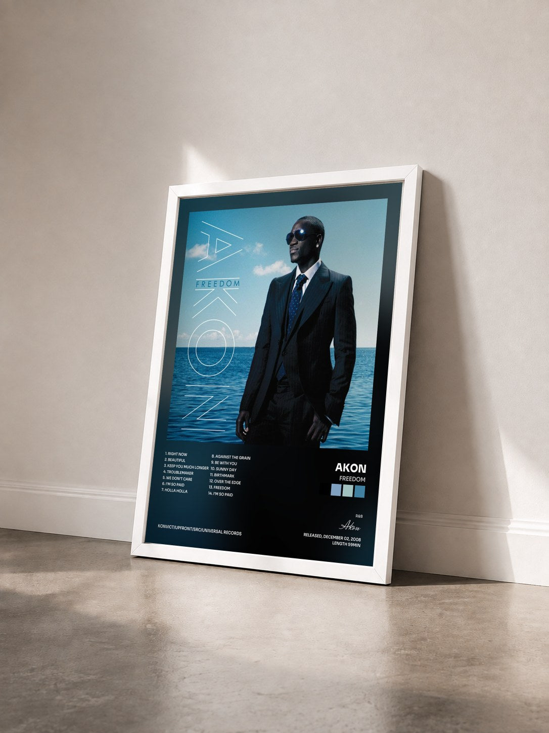#blanc Freedom by Akon as a framed art print seen at an angle, white frame