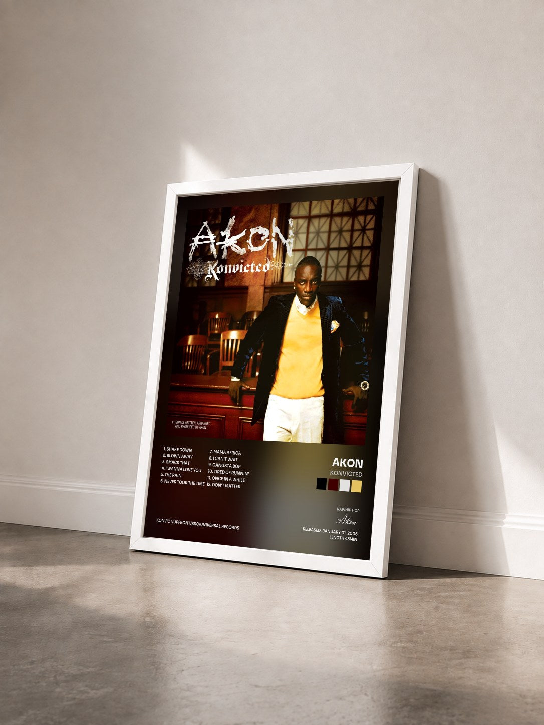 #blanc Konvicted by Akon as a framed art print seen at an angle, white frame