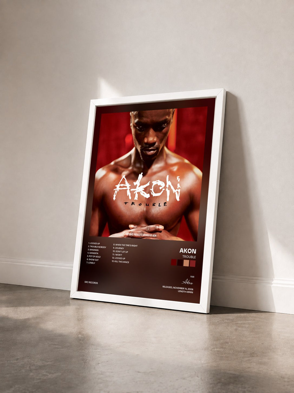 #blanc Trouble by Akon as a framed art print seen at an angle, white frame