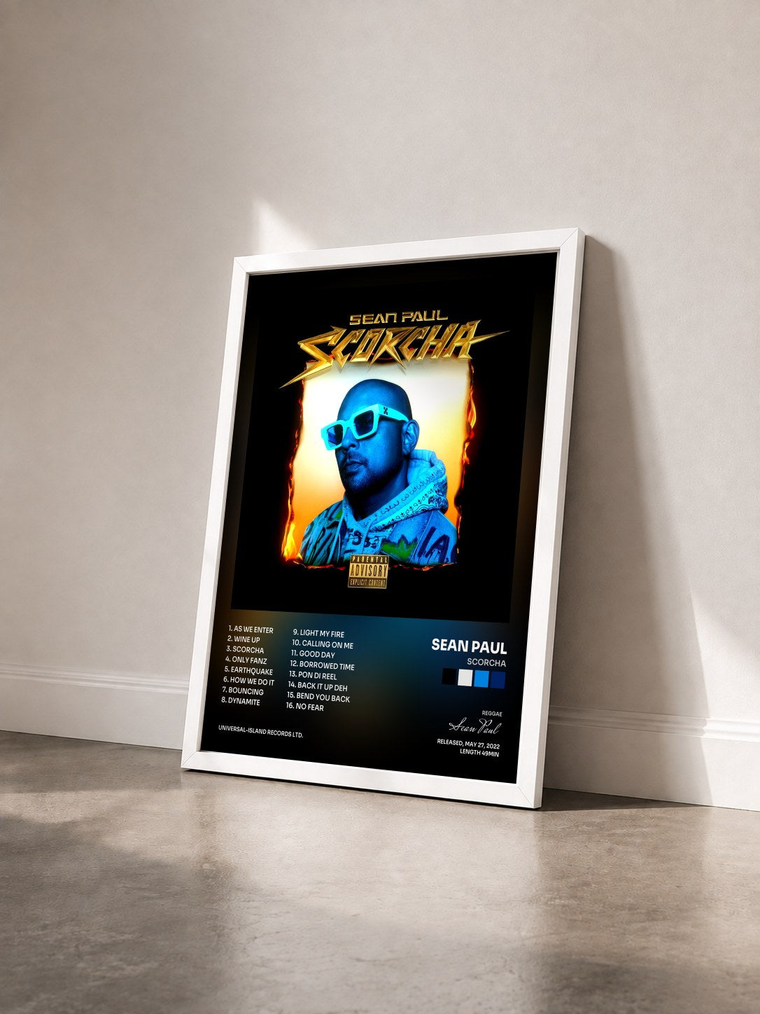 #blanc Tableau de l'album Scorcha de Sean Paul vu de trois quarts, cadre blanc