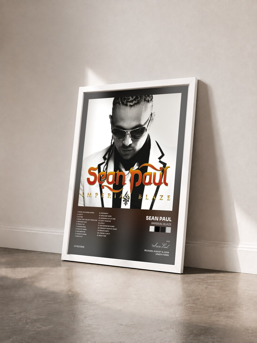 #blanc Tableau de l'album Imperial Blaze de Sean Paul vu de trois quarts, cadre blanc