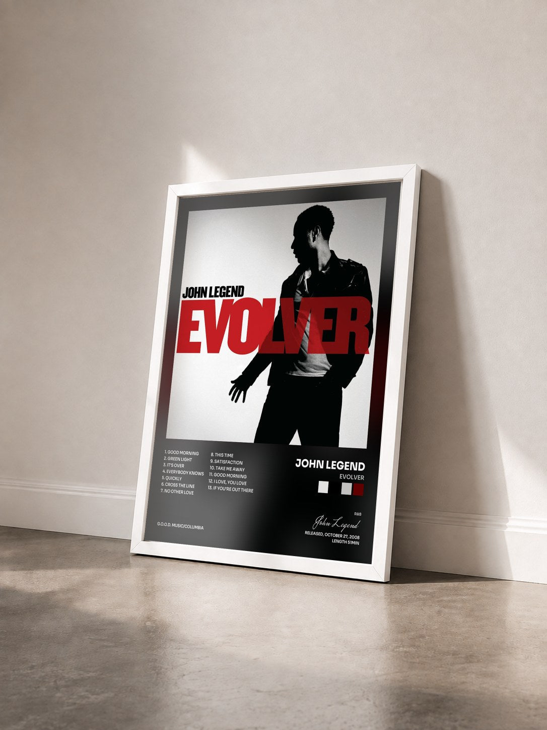 #blanc Tableau de l'album Evolver de John Legend vu de trois quarts, cadre blanc