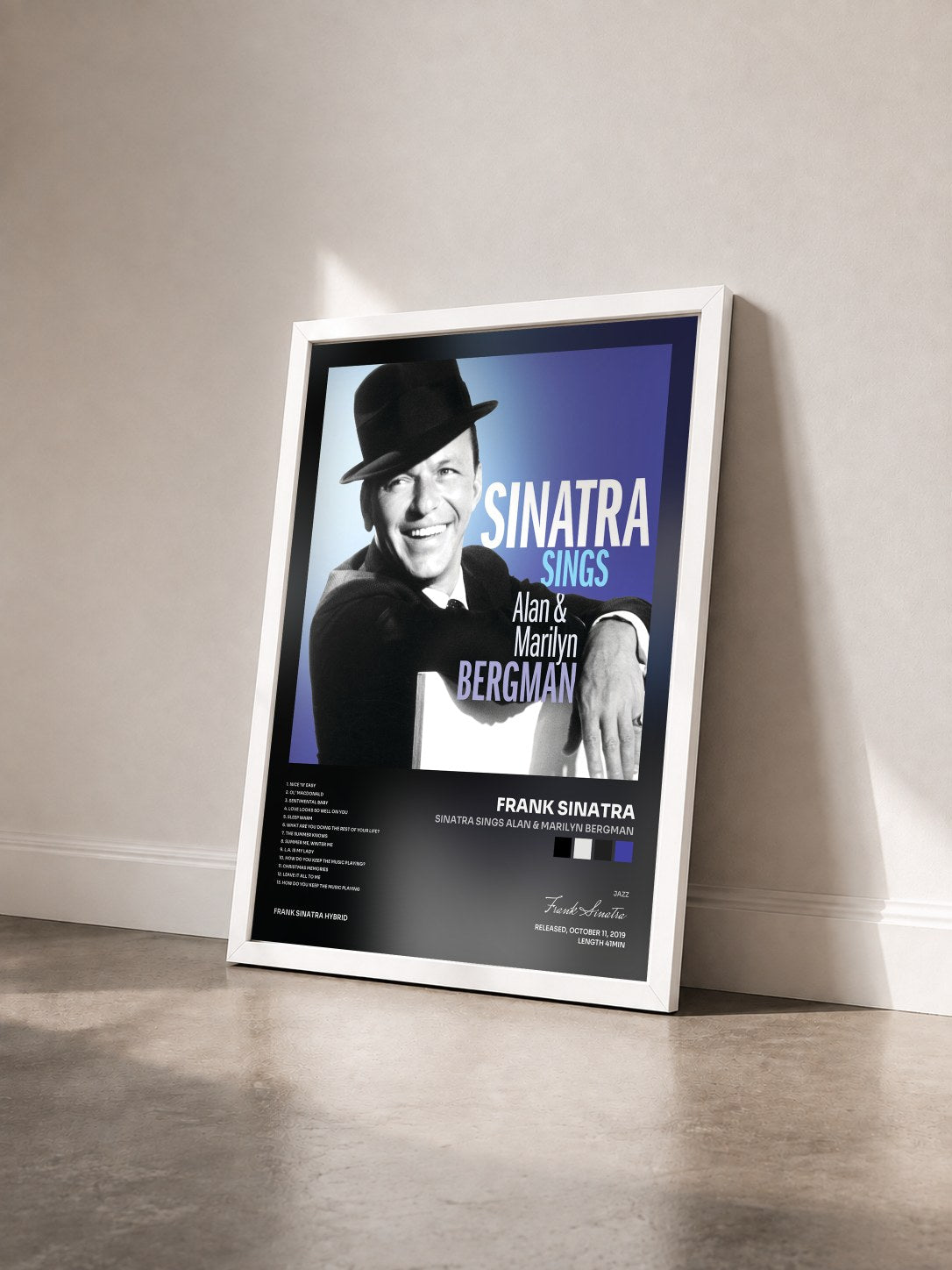 #blanc Tableau de l'album Sinatra Sings Alan & Marilyn Bergman de Frank Sinatra vu de trois quarts, cadre blanc