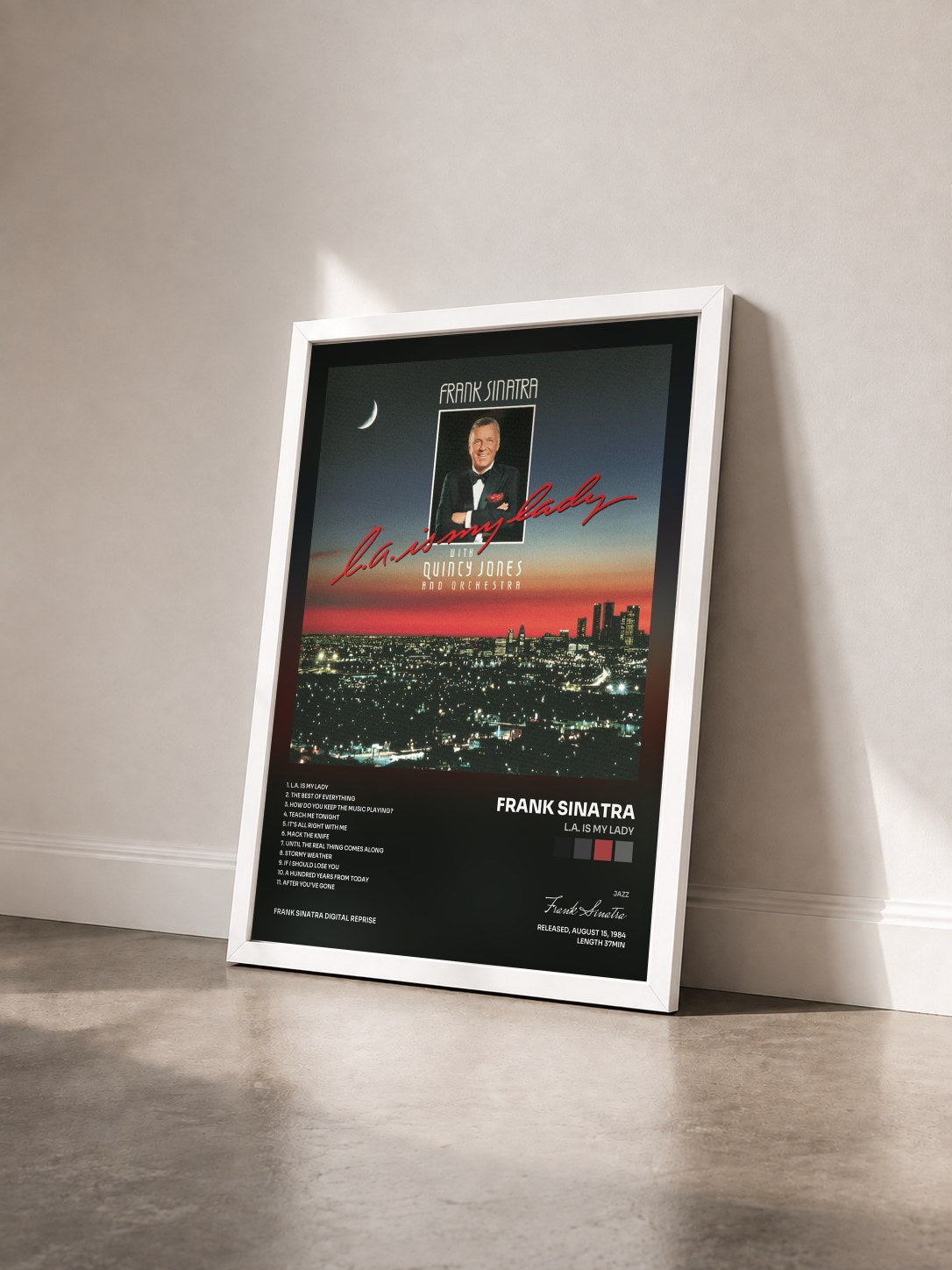 #blanc Tableau de l'album L.A. Is My Lady de Frank Sinatra vu de trois quarts, cadre blanc