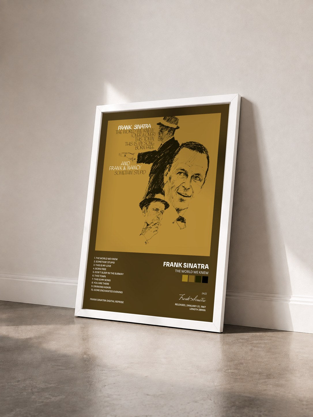 #blanc Tableau de l'album The World We Knew de Frank Sinatra vu de trois quarts, cadre blanc