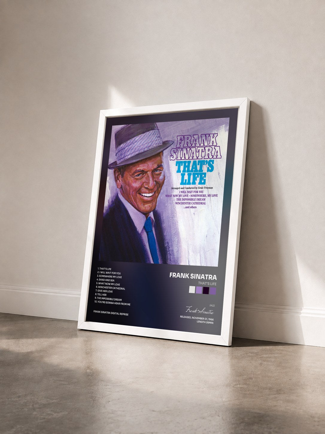 #blanc Tableau de l'album That's Life de Frank Sinatra vu de trois quarts, cadre blanc