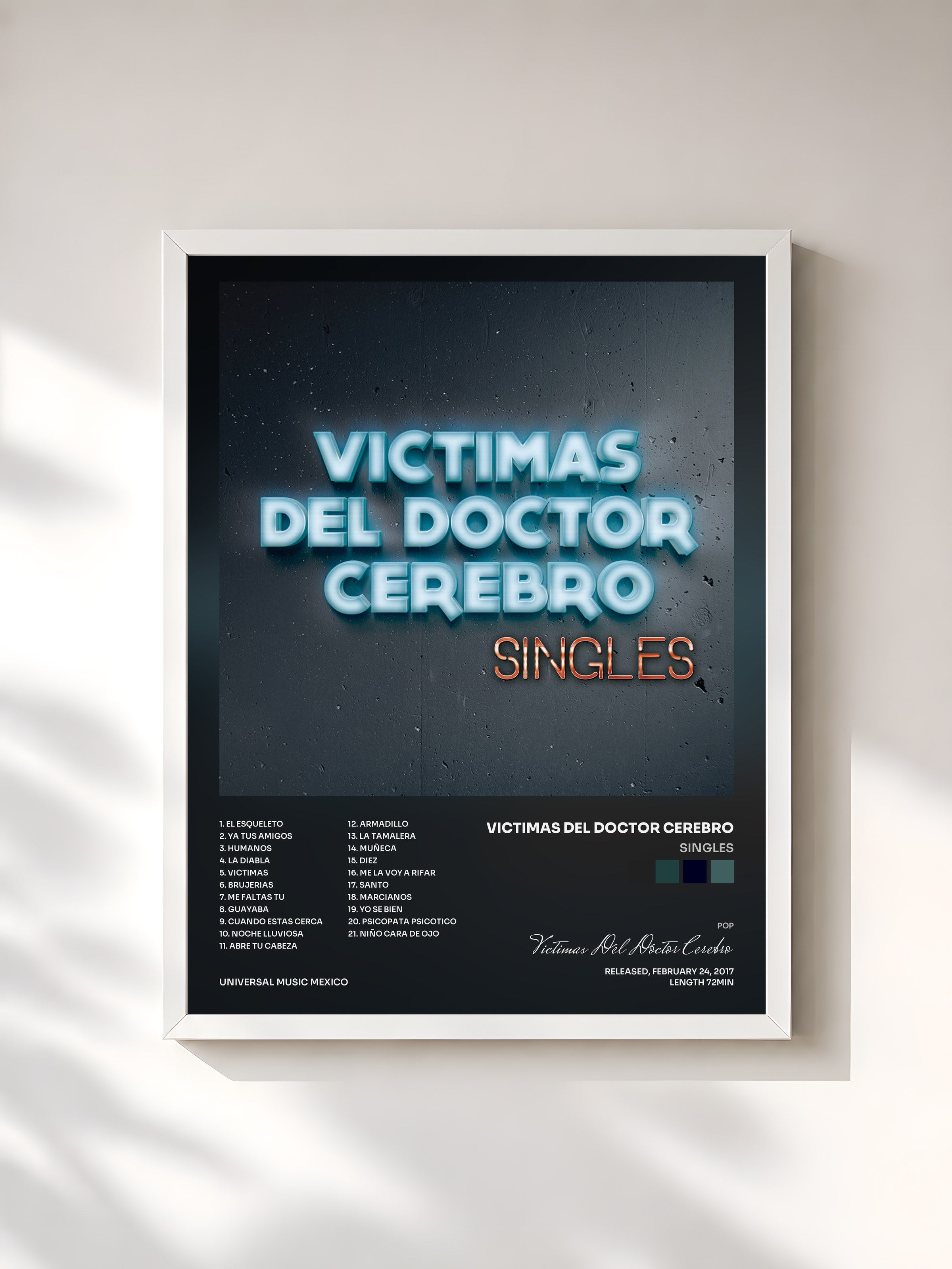 #blanc Tableau de l'album Singles de Victimas Del Doctor Cerebro, cadre blanc, imprimé et encadré en France