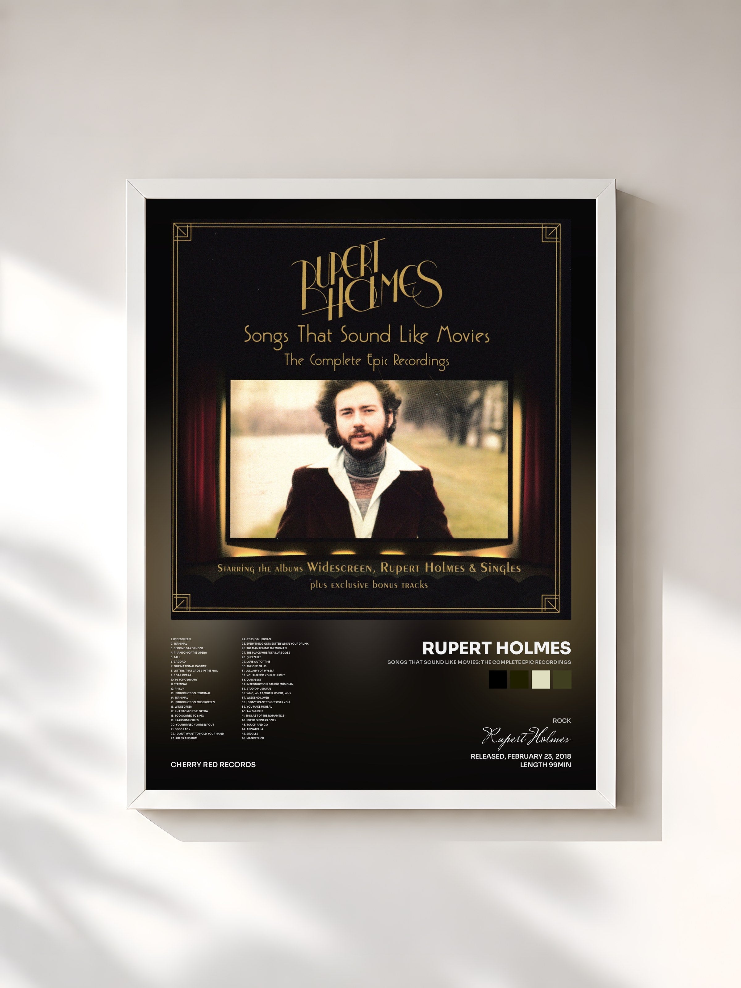 #blanc Tableau de l'album Songs That Sound Like Movies: The Complete Epic Recordings de Rupert Holmes, cadre blanc, imprimé et encadré en France