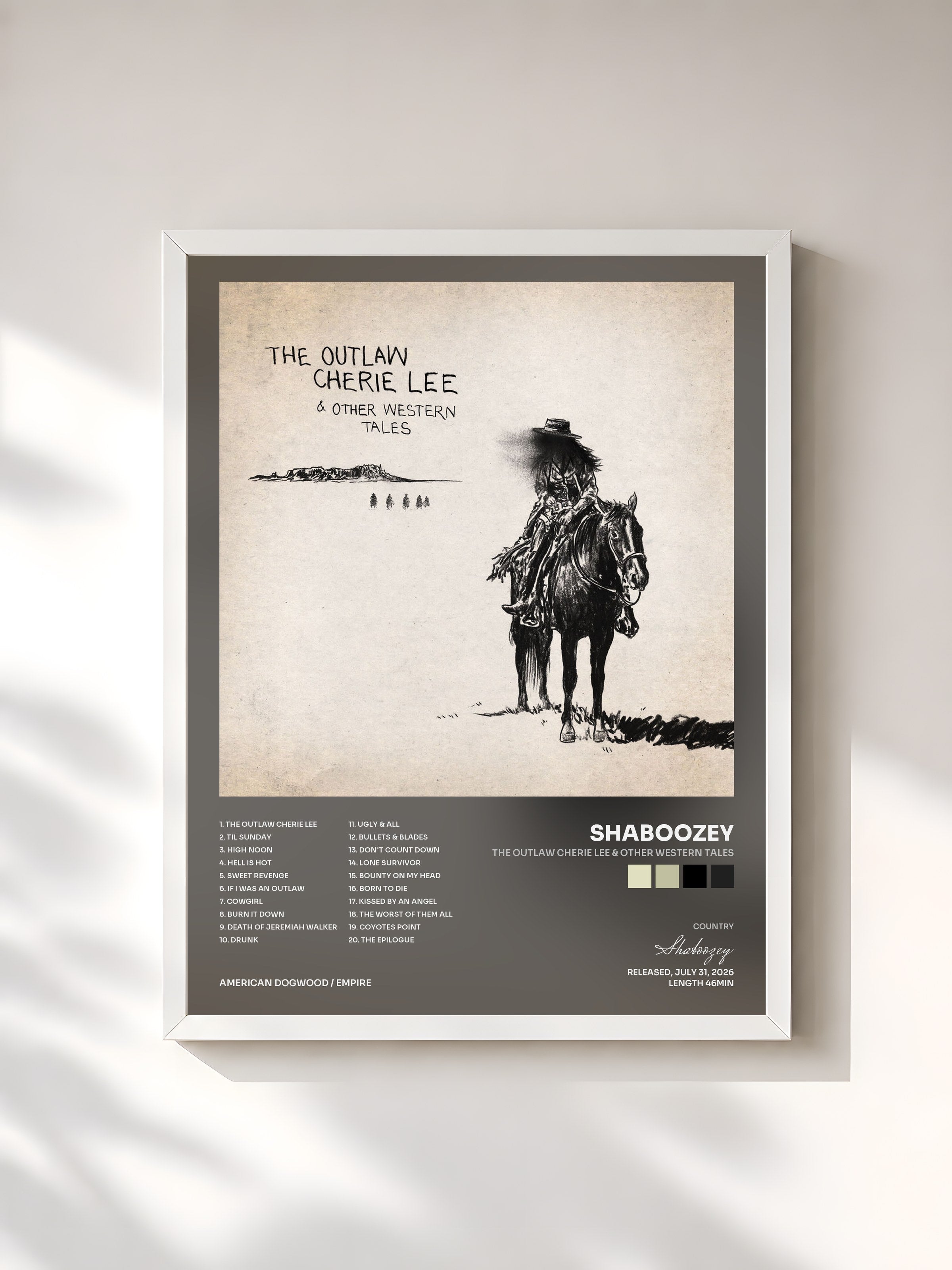 #blanc Tableau de l'album The Outlaw Cherie Lee & Other Western Tales de Shaboozey, cadre blanc, imprimé et encadré en France