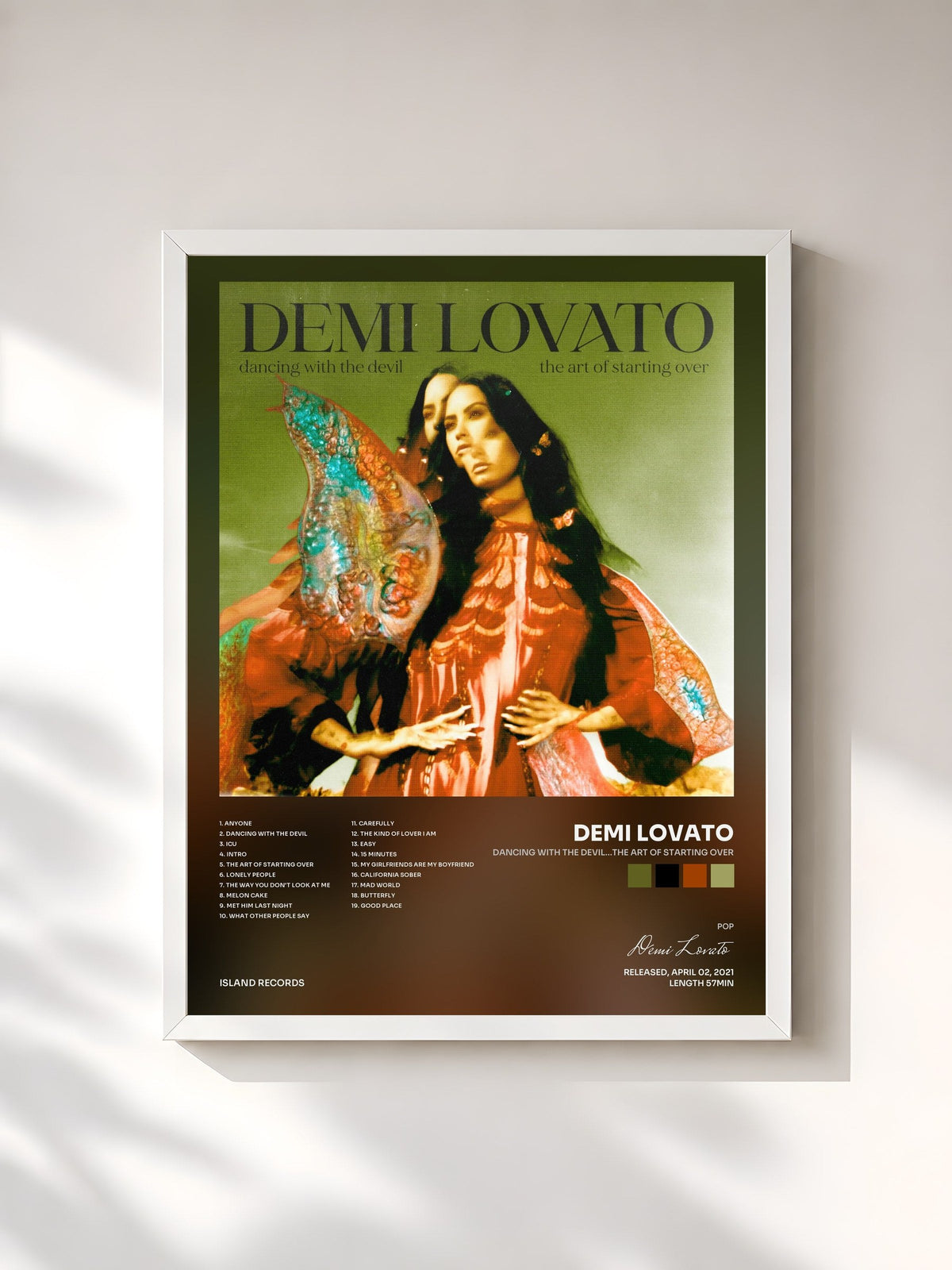 #blanc Tableau de l'album Dancing With The Devil…The Art of Starting Over de Demi Lovato, cadre blanc, imprimé et encadré en France