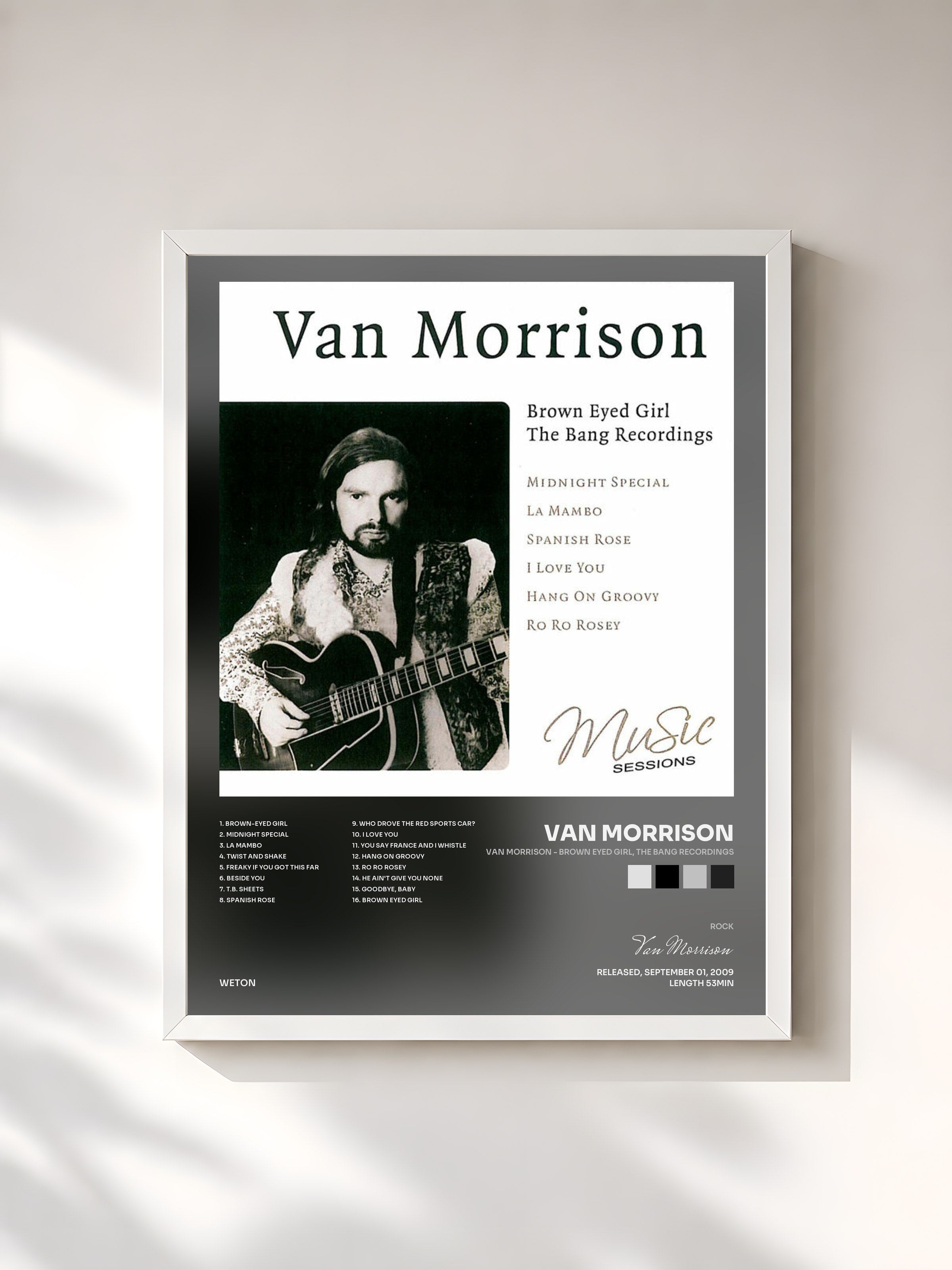 #blanc Tableau de l'album Van Morrison - Brown Eyed Girl, The Bang Recordings de Van Morrison, cadre blanc, imprimé et encadré en France