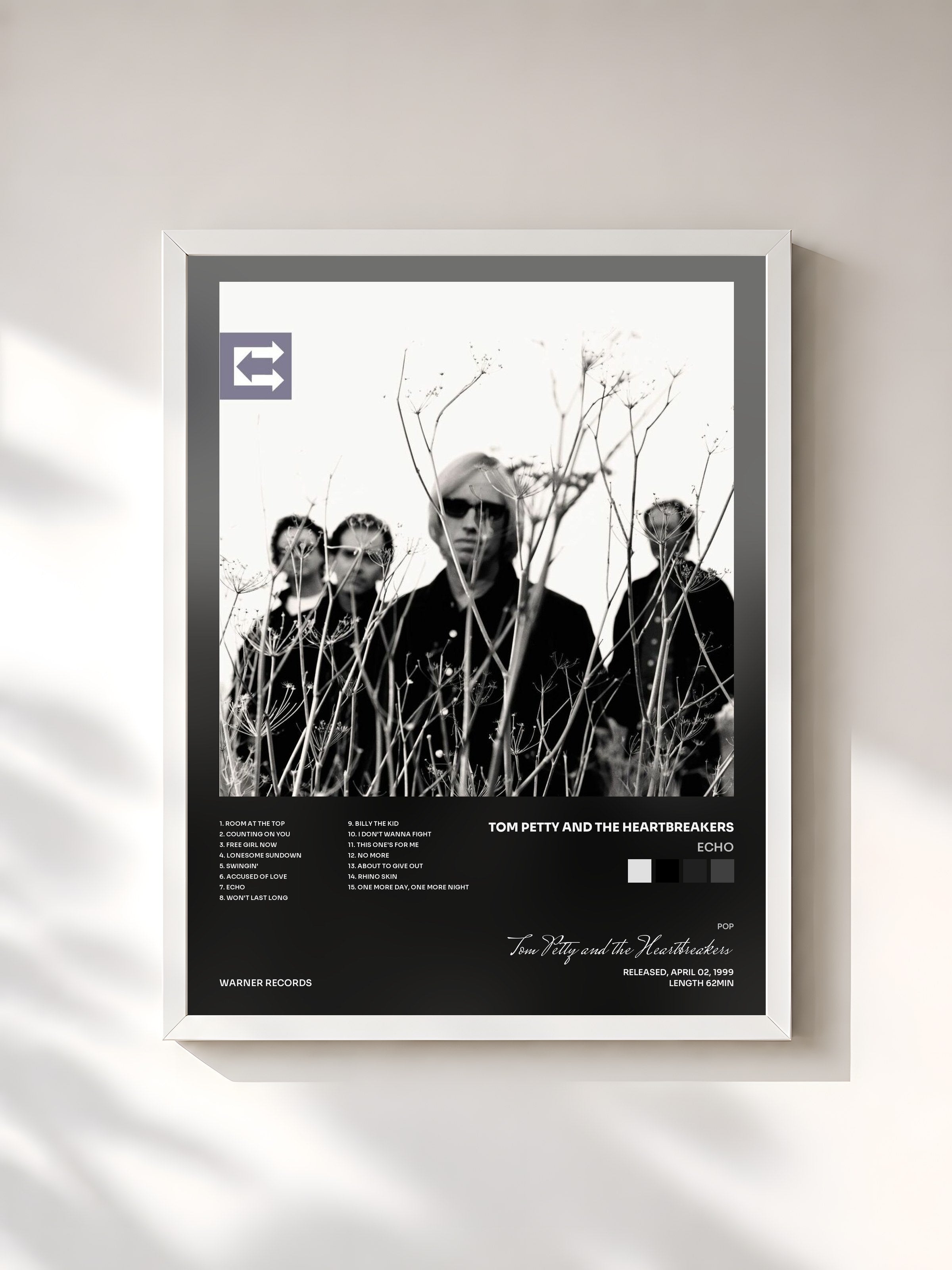 #blanc Tableau de l'album Echo de Tom Petty and the Heartbreakers, cadre blanc, imprimé et encadré en France