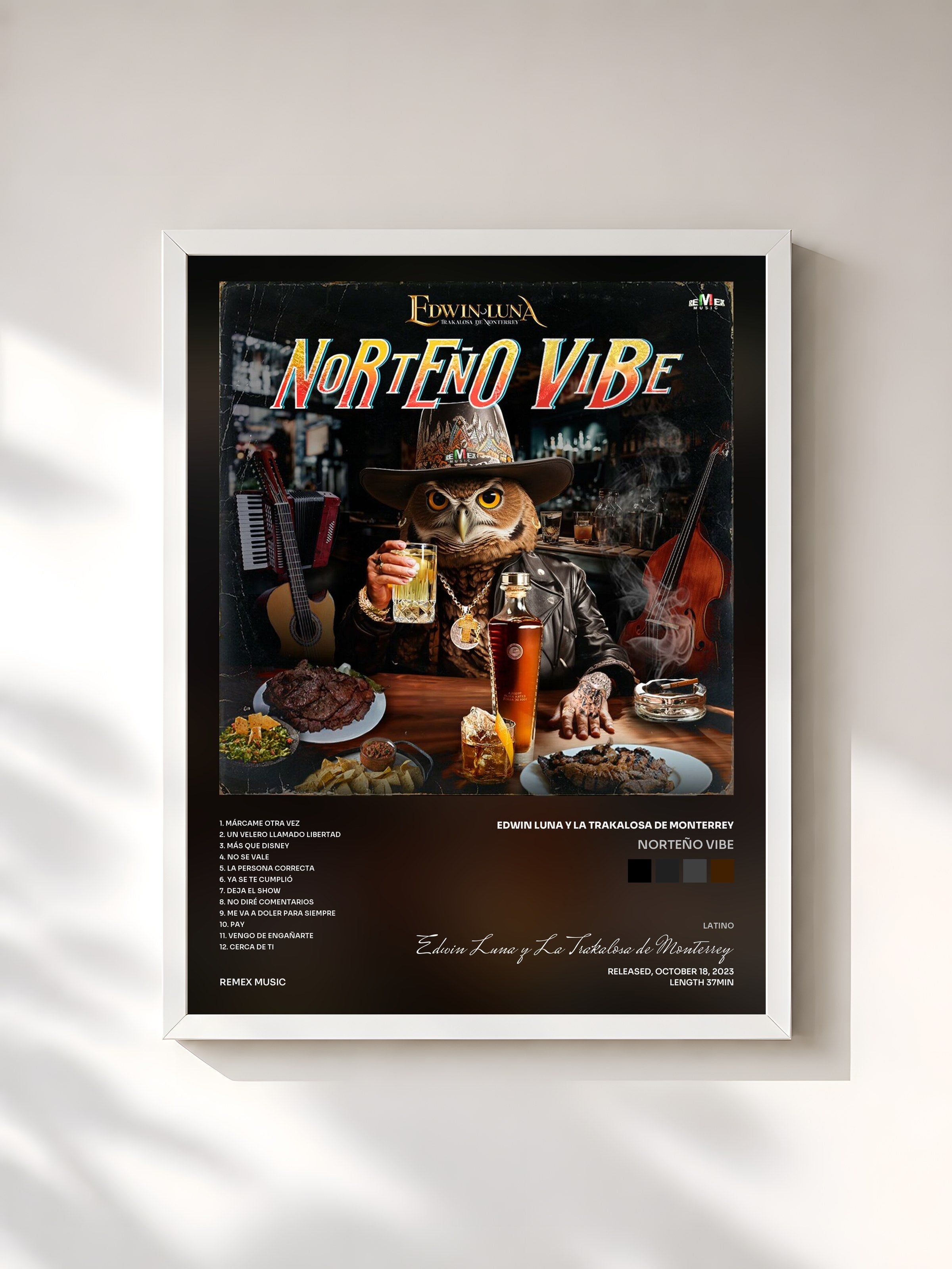 #blanc Tableau de l'album Norteño Vibe de Edwin Luna y La Trakalosa de Monterrey, cadre blanc, imprimé et encadré en France