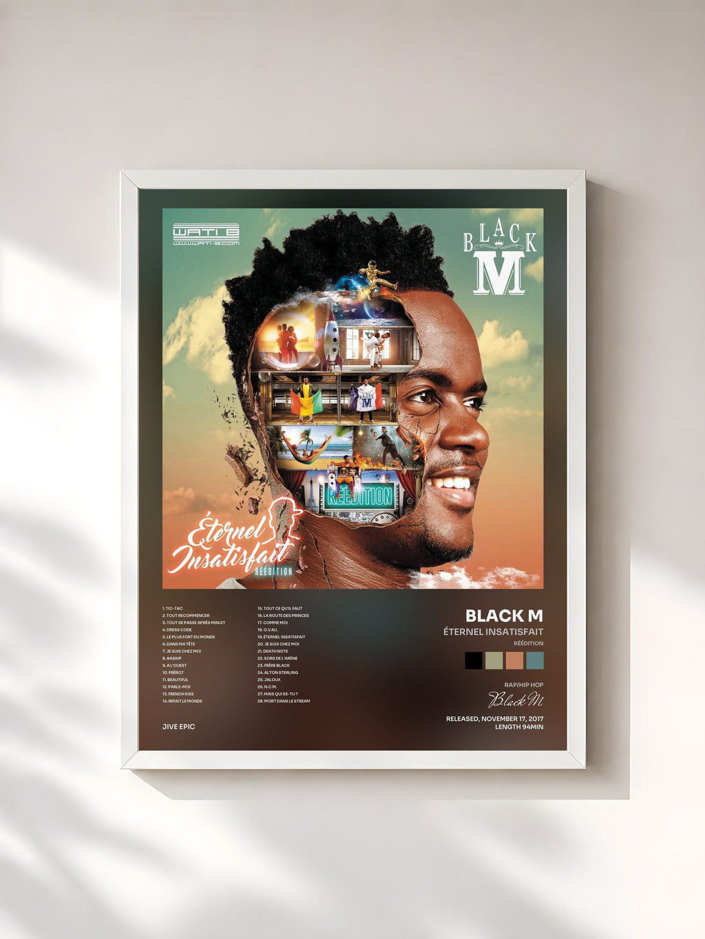 #blanc Tableau de l'album Éternel insatisfait (Réédition) de Black M, cadre blanc, imprimé et encadré en France