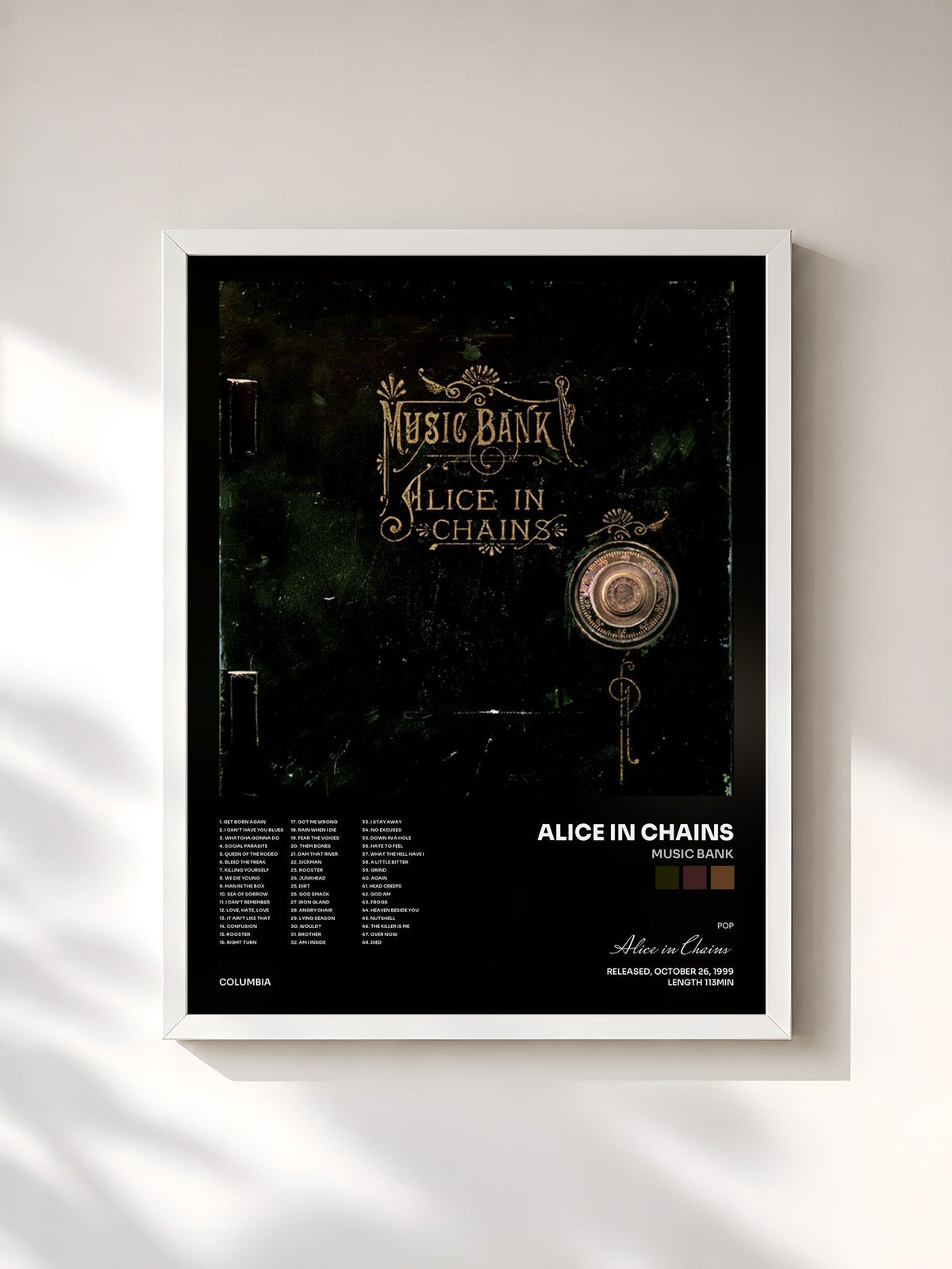 #blanc Tableau de l'album Music Bank de Alice in Chains, cadre blanc, imprimé et encadré en France