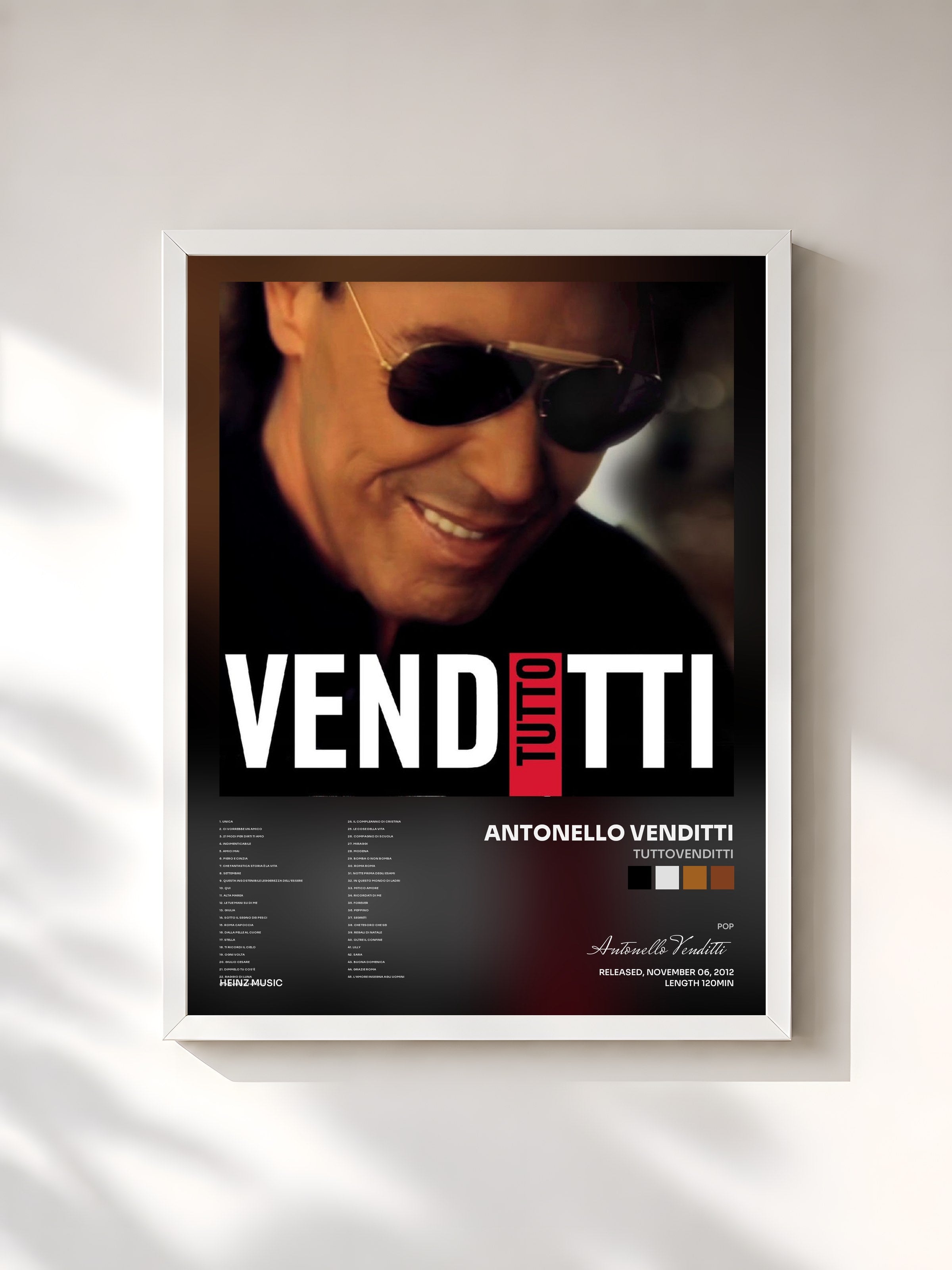 #blanc Tableau de l'album TuttoVenditti de Antonello Venditti, cadre blanc, imprimé et encadré en France