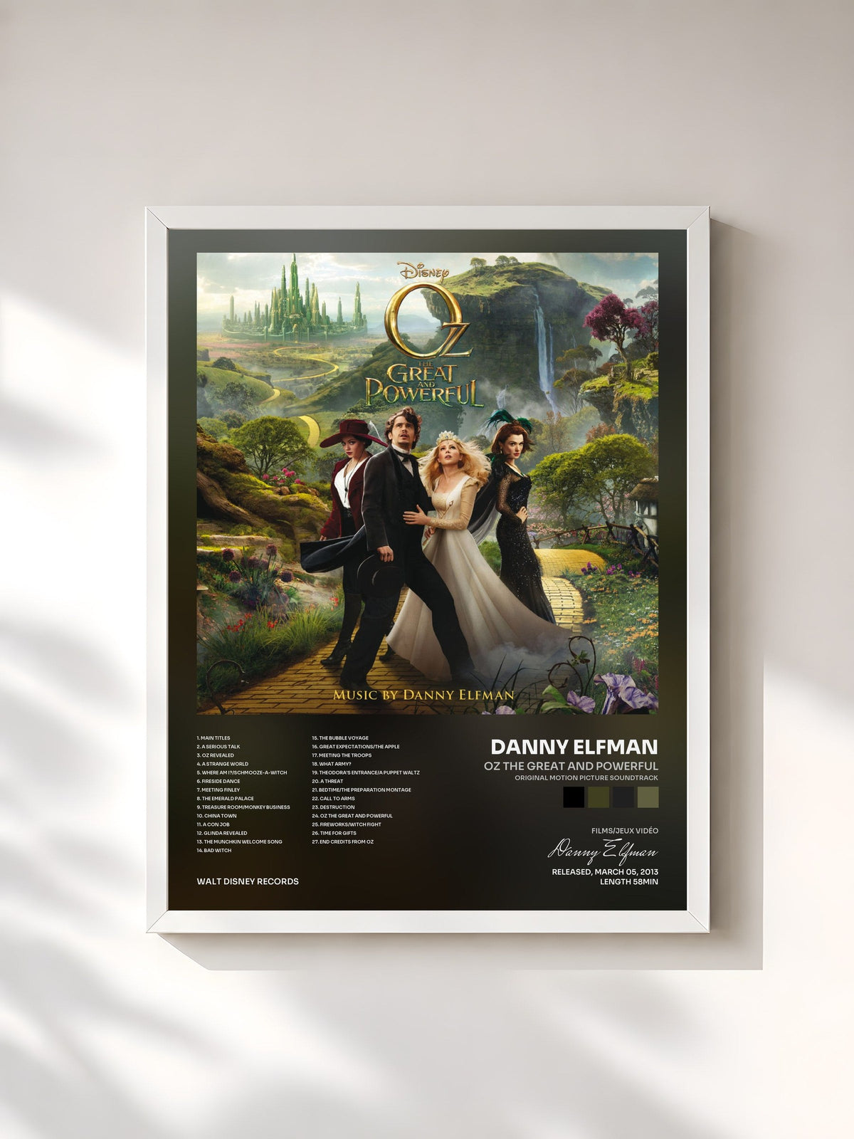 #blanc Tableau de l'album Oz the Great and Powerful (Original Motion Picture Soundtrack) de Danny Elfman, cadre blanc, imprimé et encadré en France