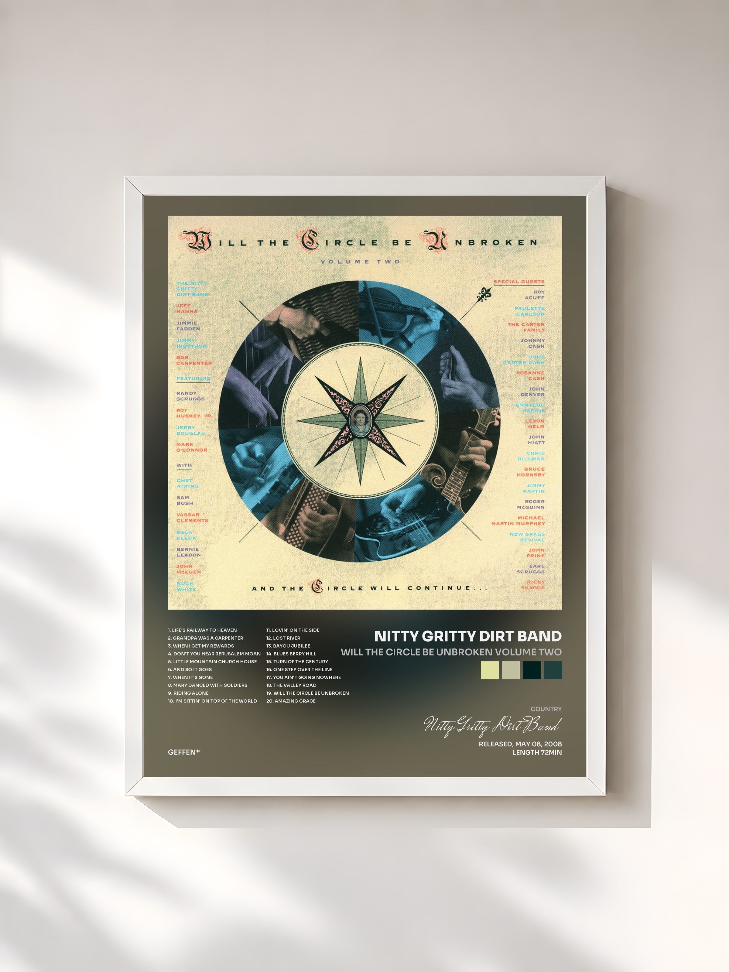 #blanc Tableau de l'album Will The Circle Be Unbroken Volume Two de Nitty Gritty Dirt Band, cadre blanc, imprimé et encadré en France