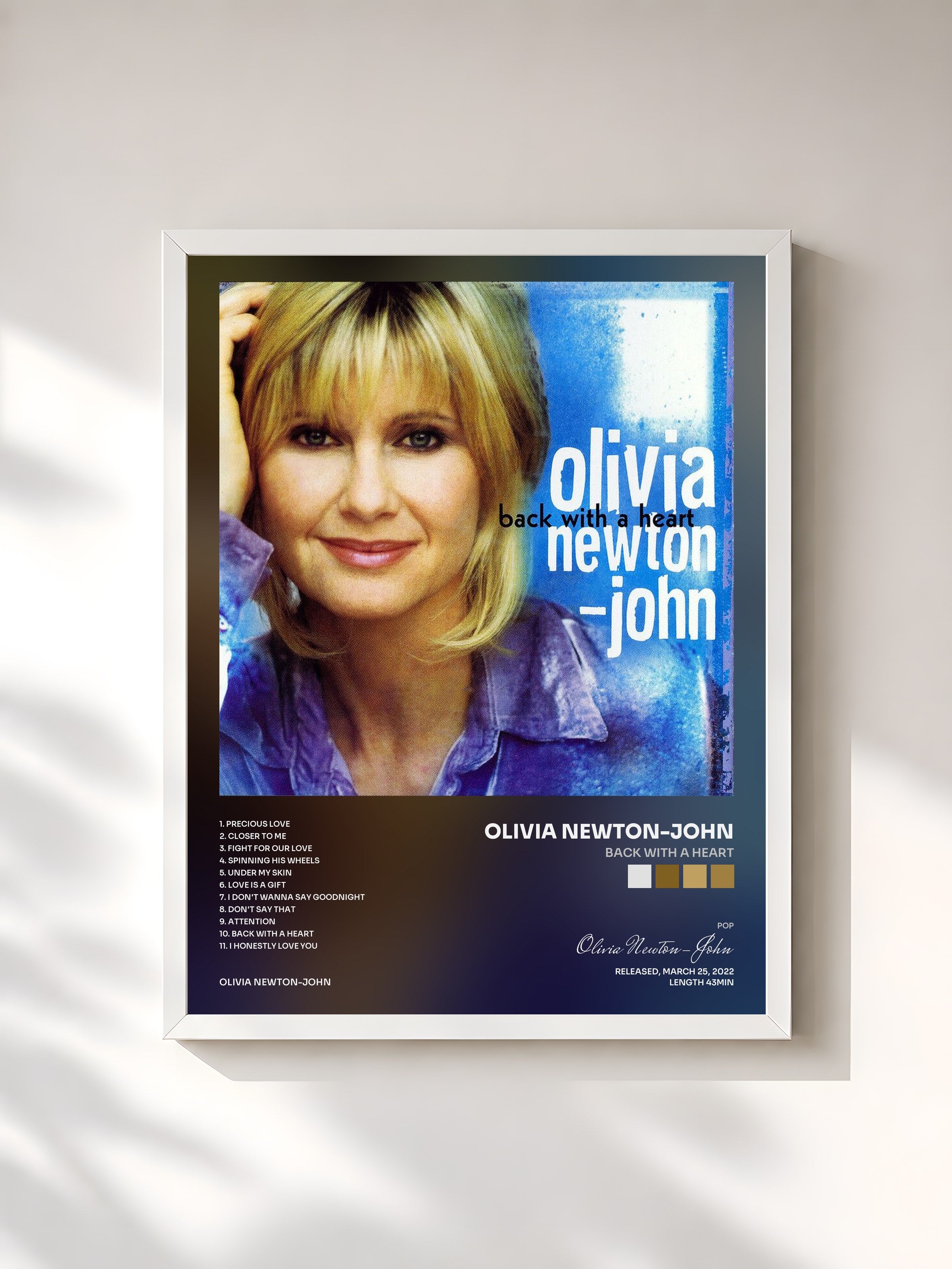 #blanc Tableau de l'album Back With A Heart de Olivia Newton-John, cadre blanc, imprimé et encadré en France