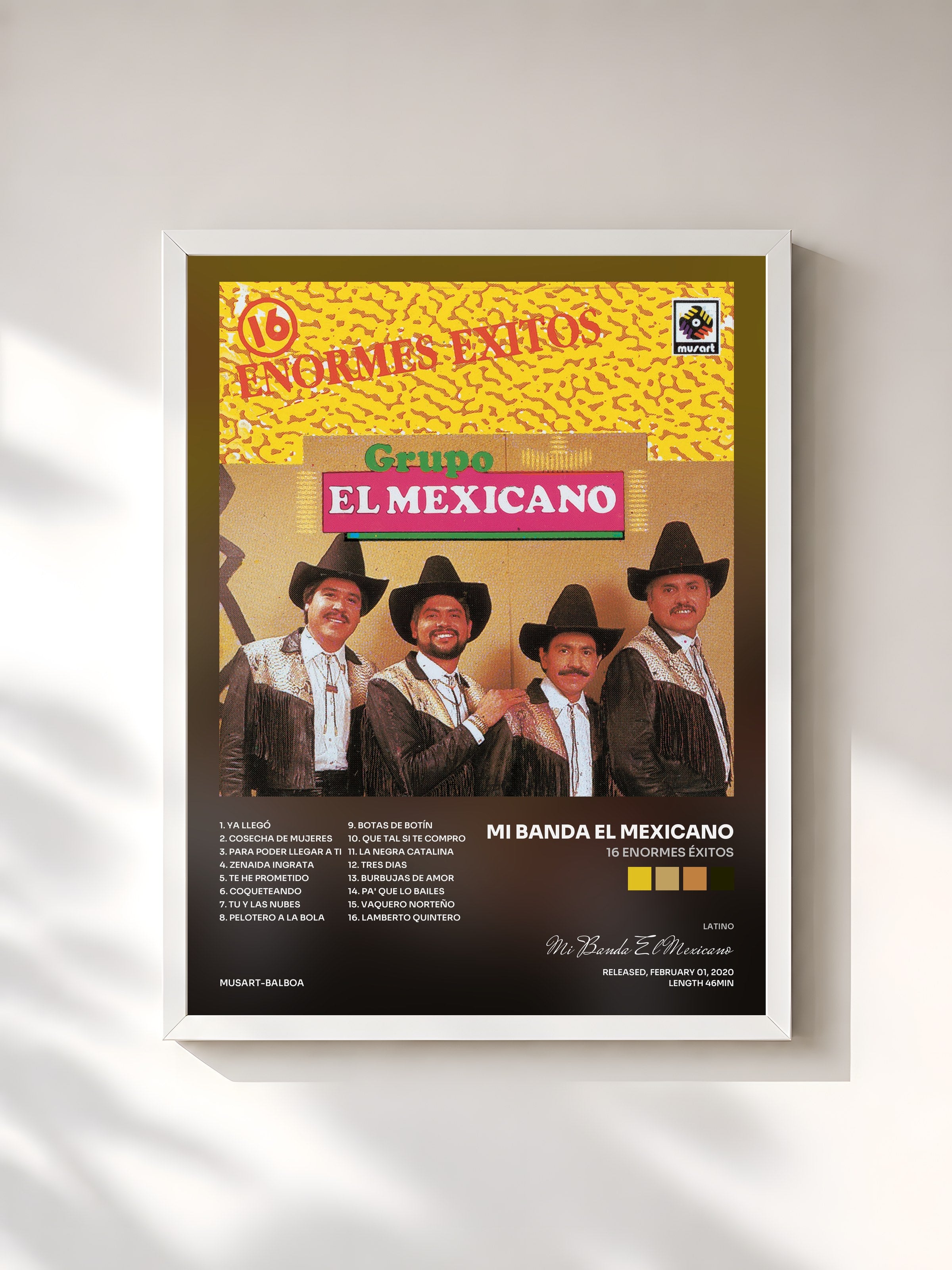 #blanc Tableau de l'album 16 Enormes Éxitos de Mi Banda El Mexicano, cadre blanc, imprimé et encadré en France