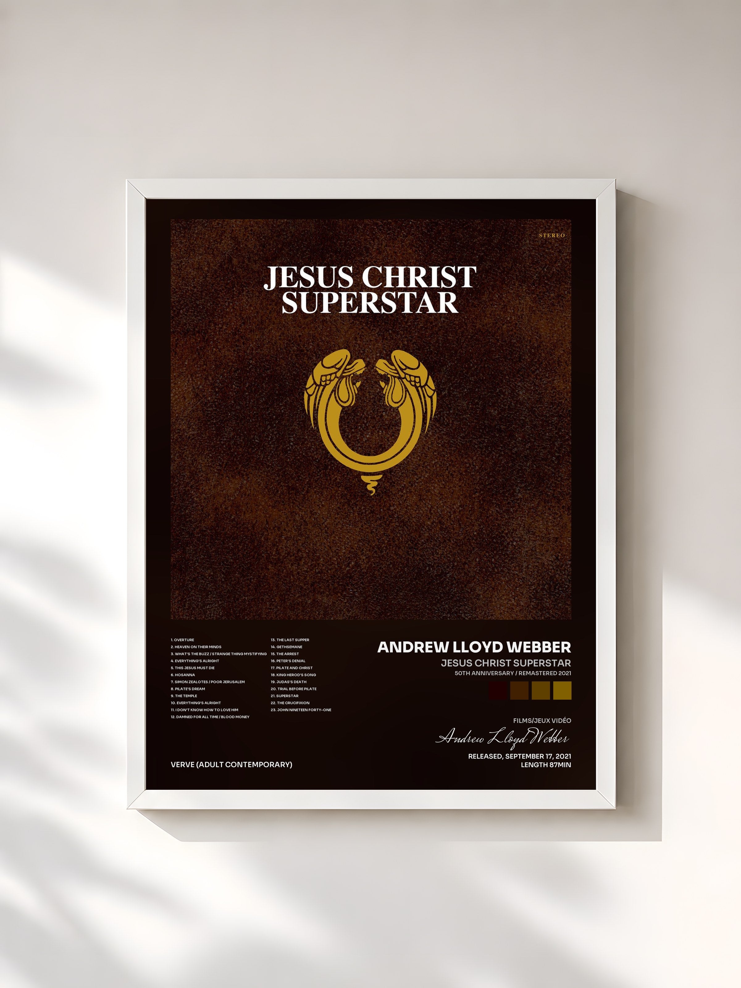 #blanc Tableau de l'album Jesus Christ Superstar (50th Anniversary / Remastered 2021) de Andrew Lloyd Webber, cadre blanc, imprimé et encadré en France