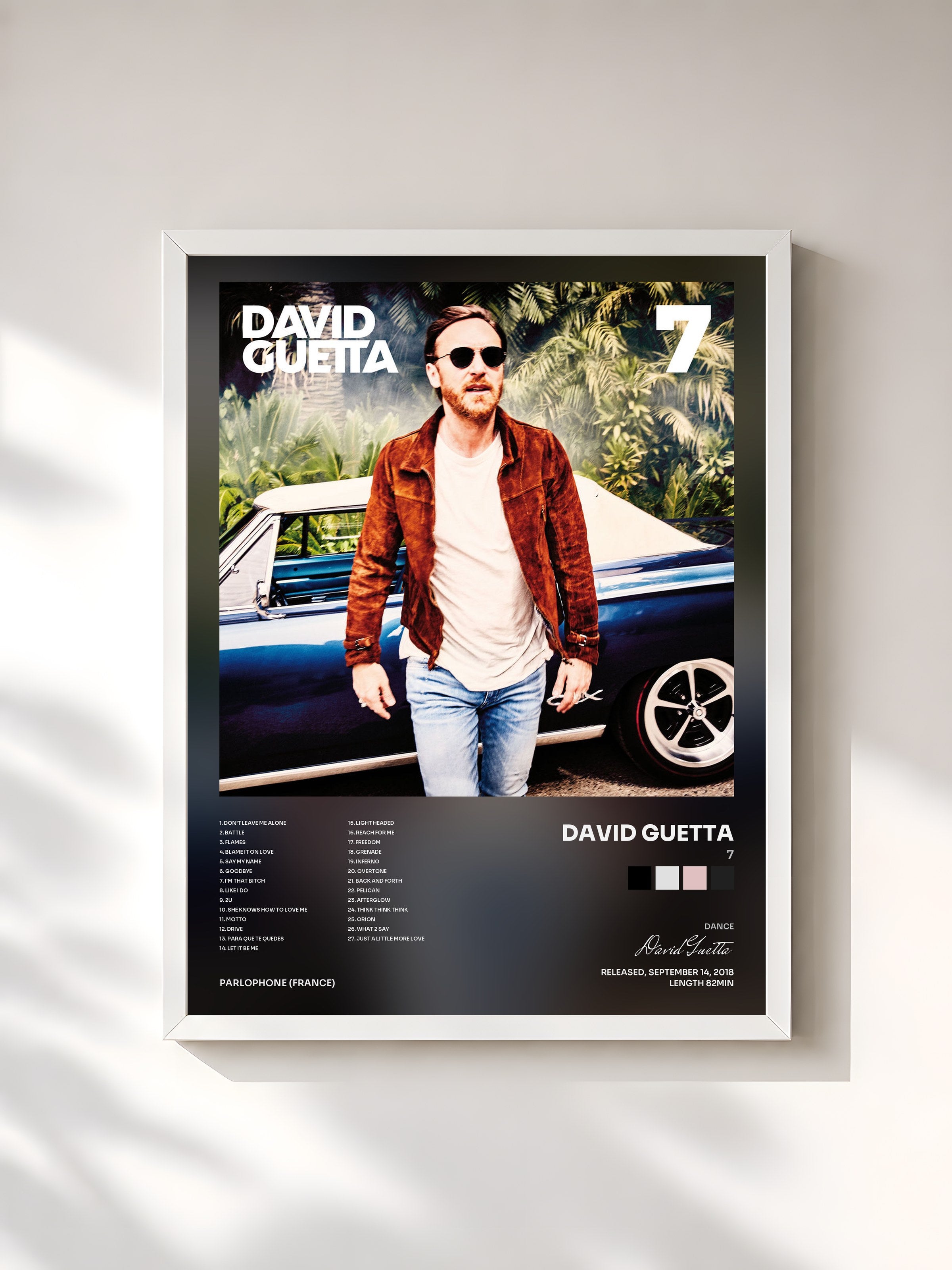 #blanc Tableau de l'album 7 de David Guetta, cadre blanc, imprimé et encadré en France