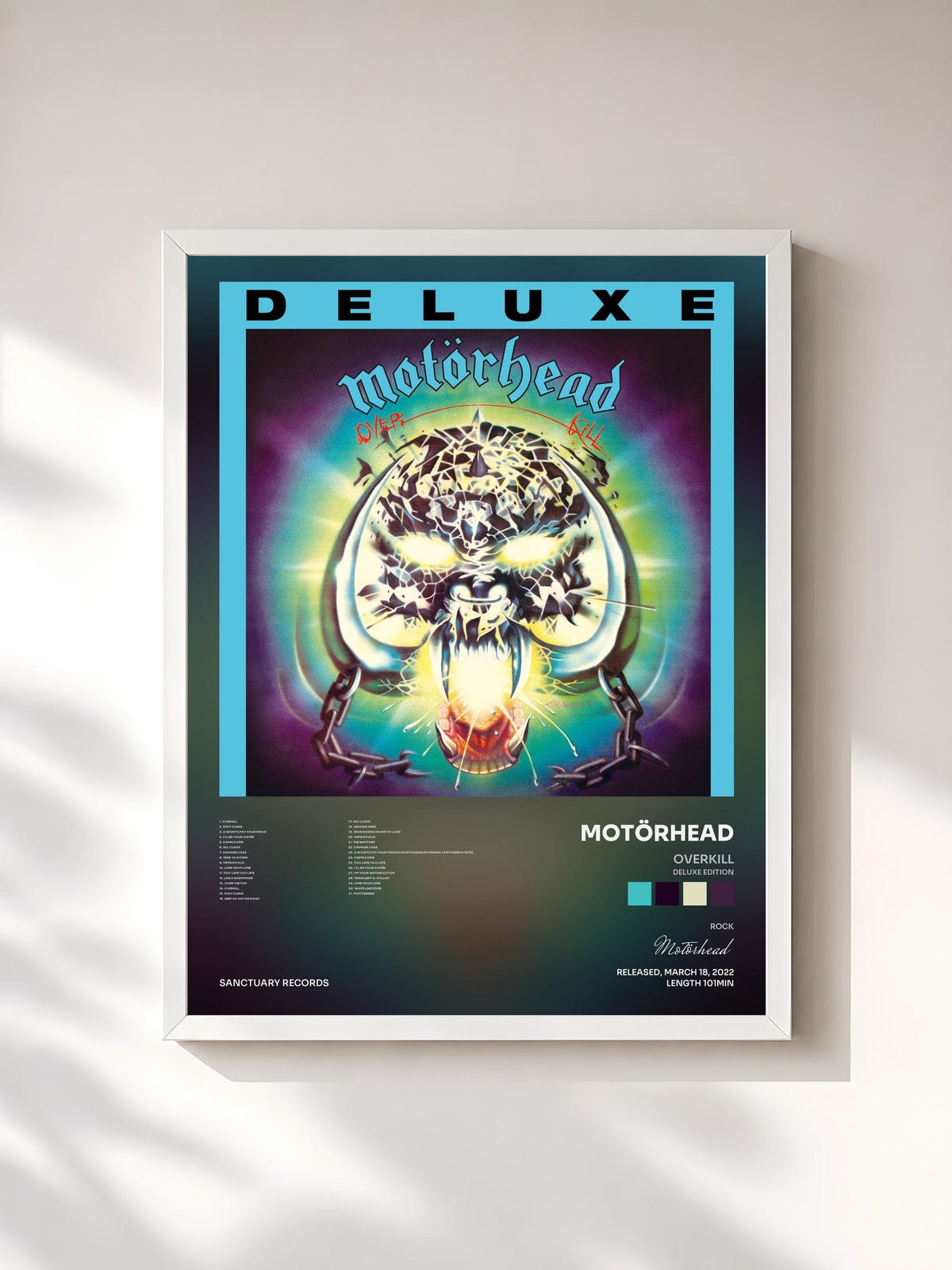 #blanc Tableau de l'album Overkill (Deluxe Edition) de Motörhead, cadre blanc, imprimé et encadré en France
