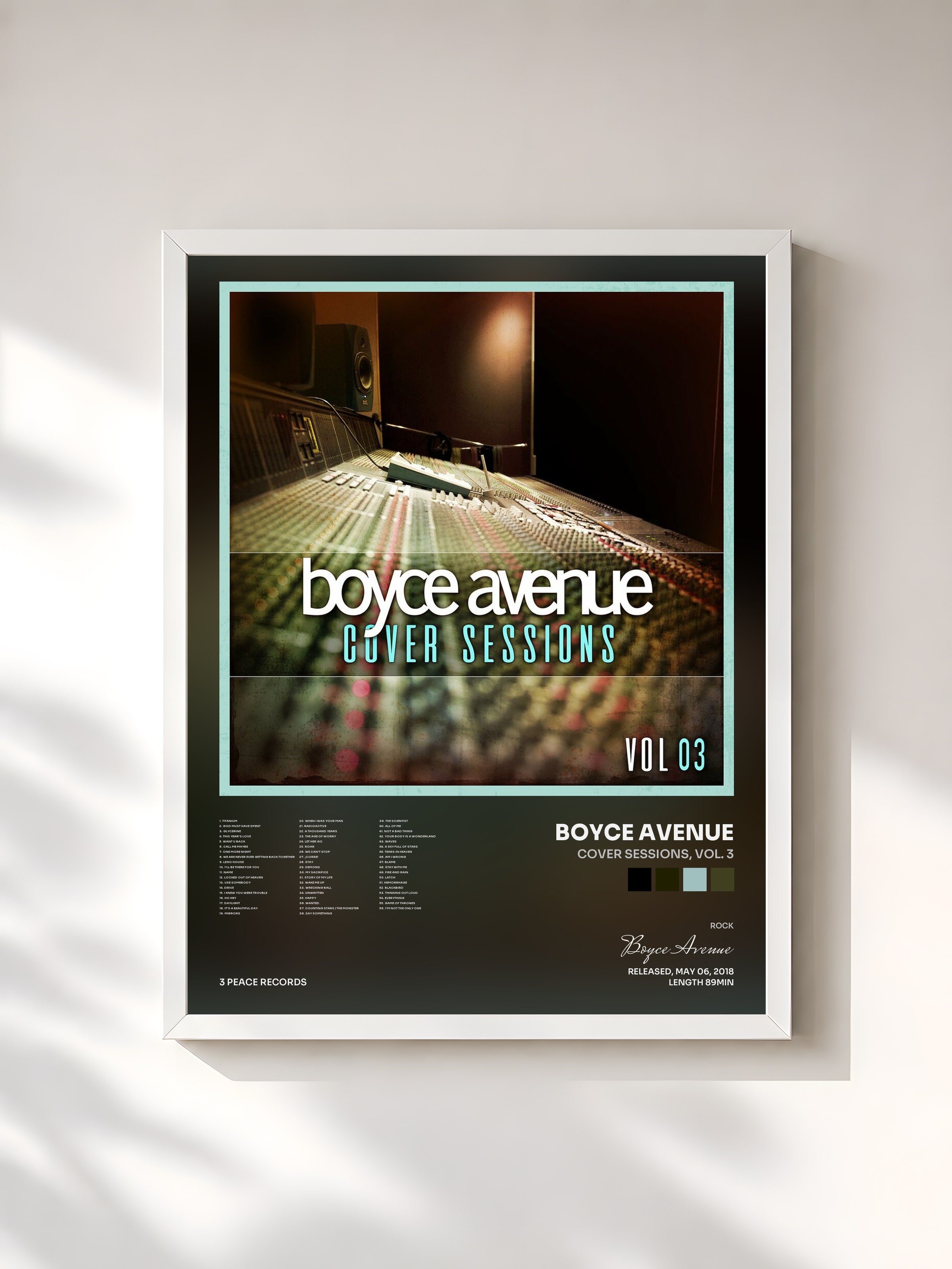 #blanc Tableau de l'album Cover Sessions, Vol. 3 de Boyce Avenue, cadre blanc, imprimé et encadré en France